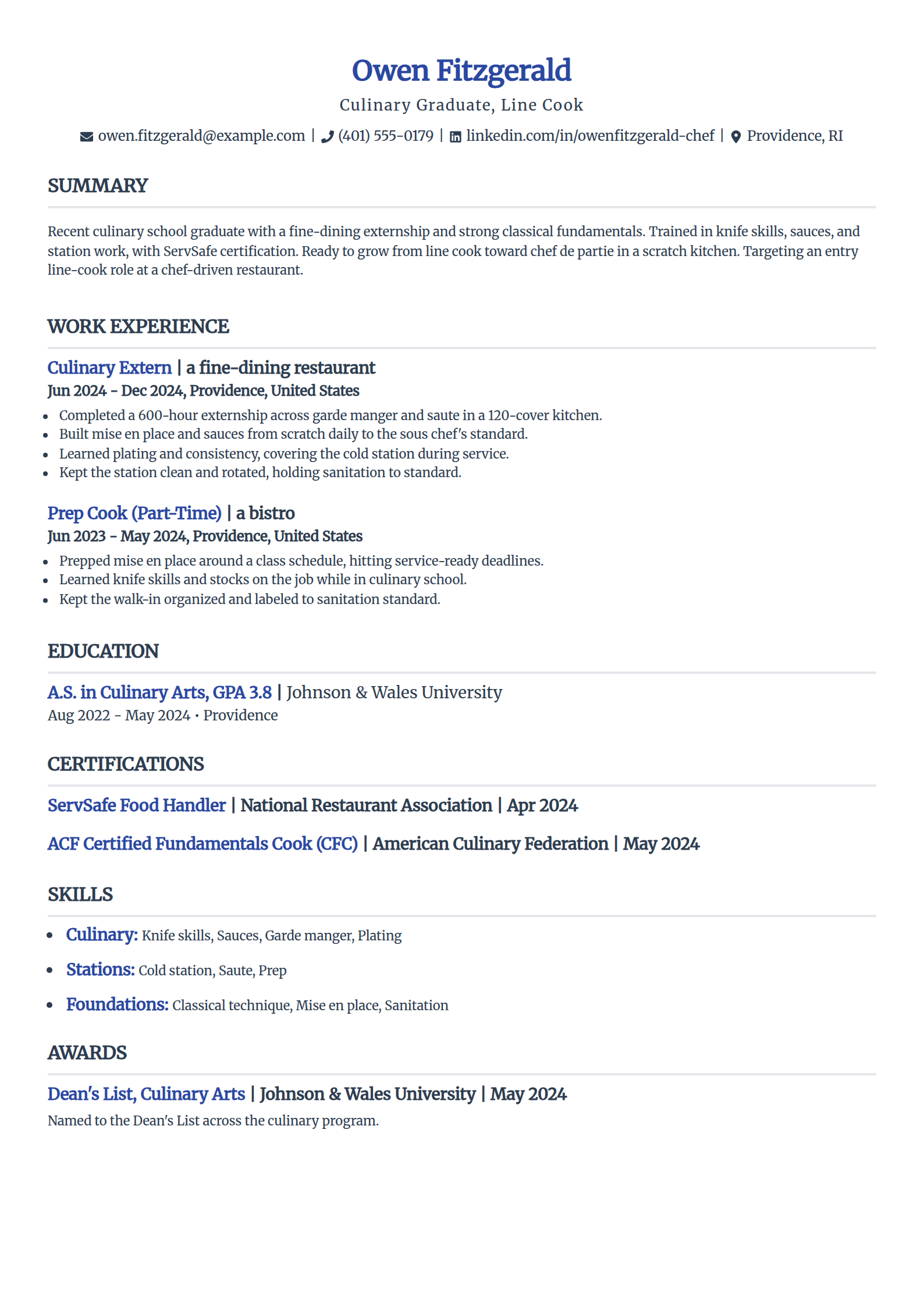 Culinary school graduate resume example in the Simple template