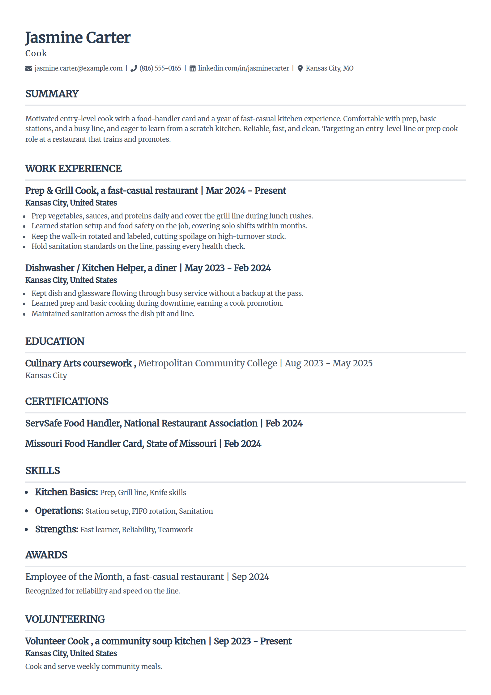 Entry-level cook resume example in the Classic template