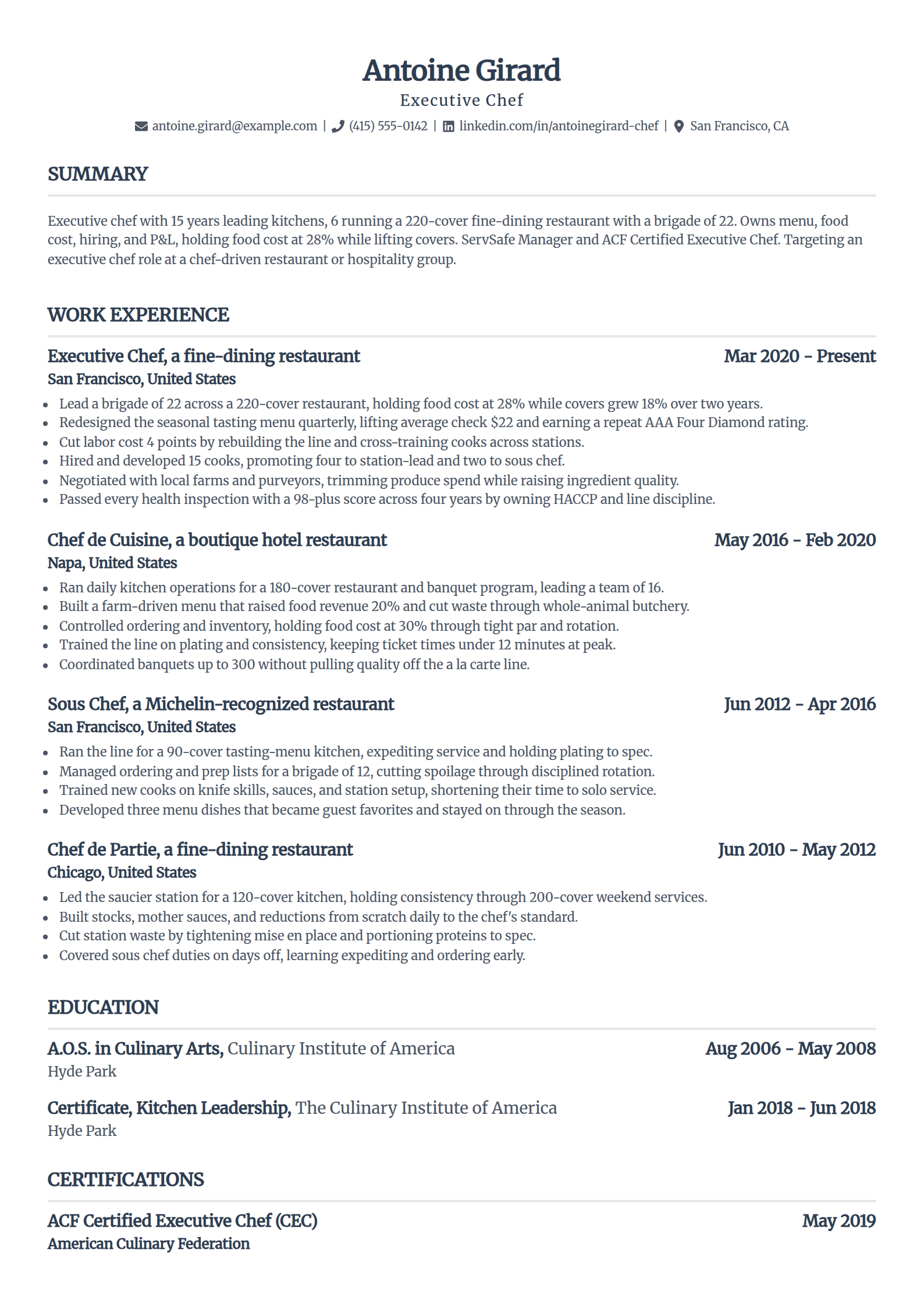Executive chef resume example in the Standard template