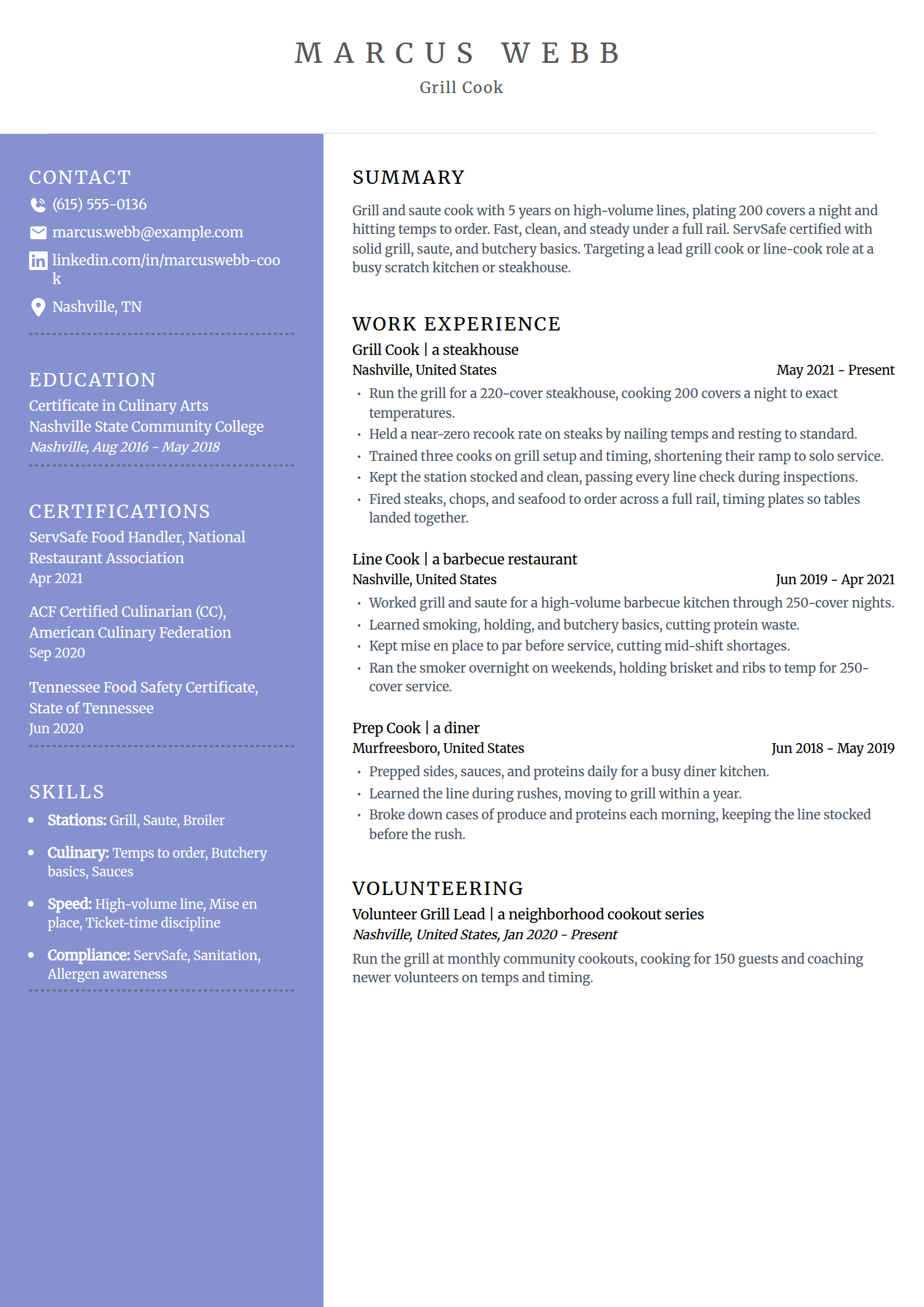 Grill cook resume example in the Luminary template