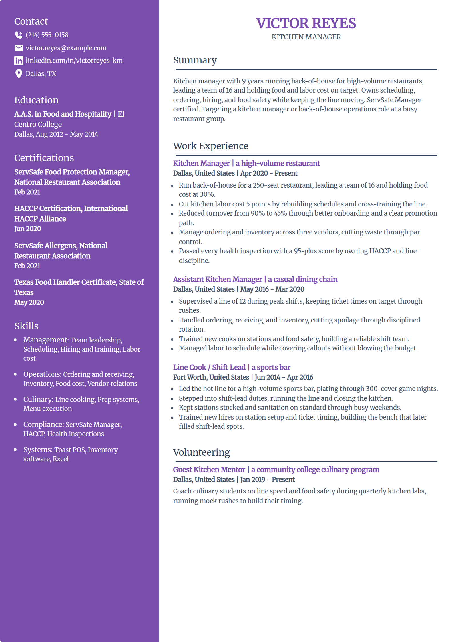 Kitchen manager resume example in the Pioneer template