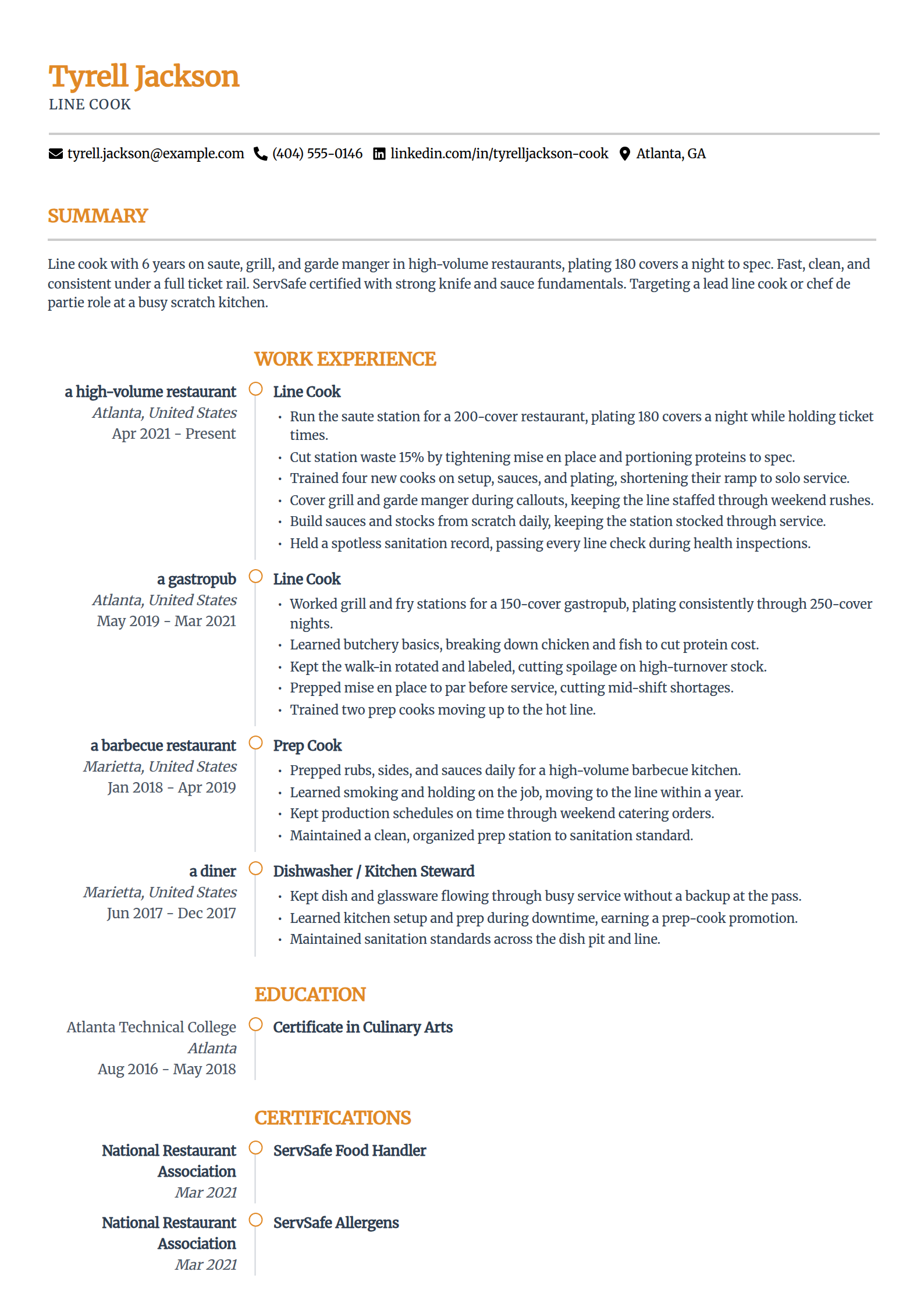 Line cook resume example in the Zenith template