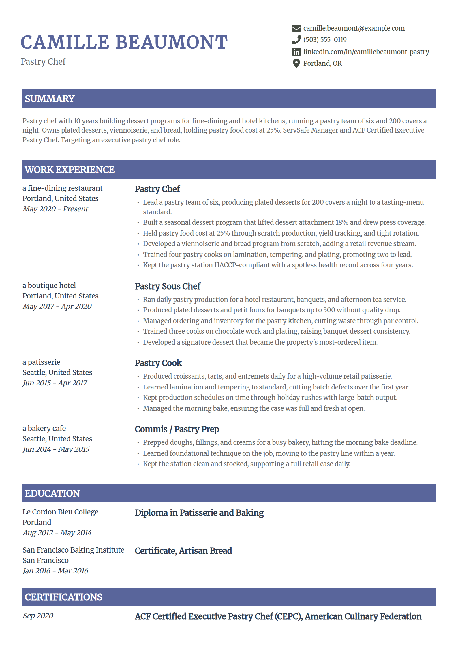 Pastry chef resume example in the Catalyst template