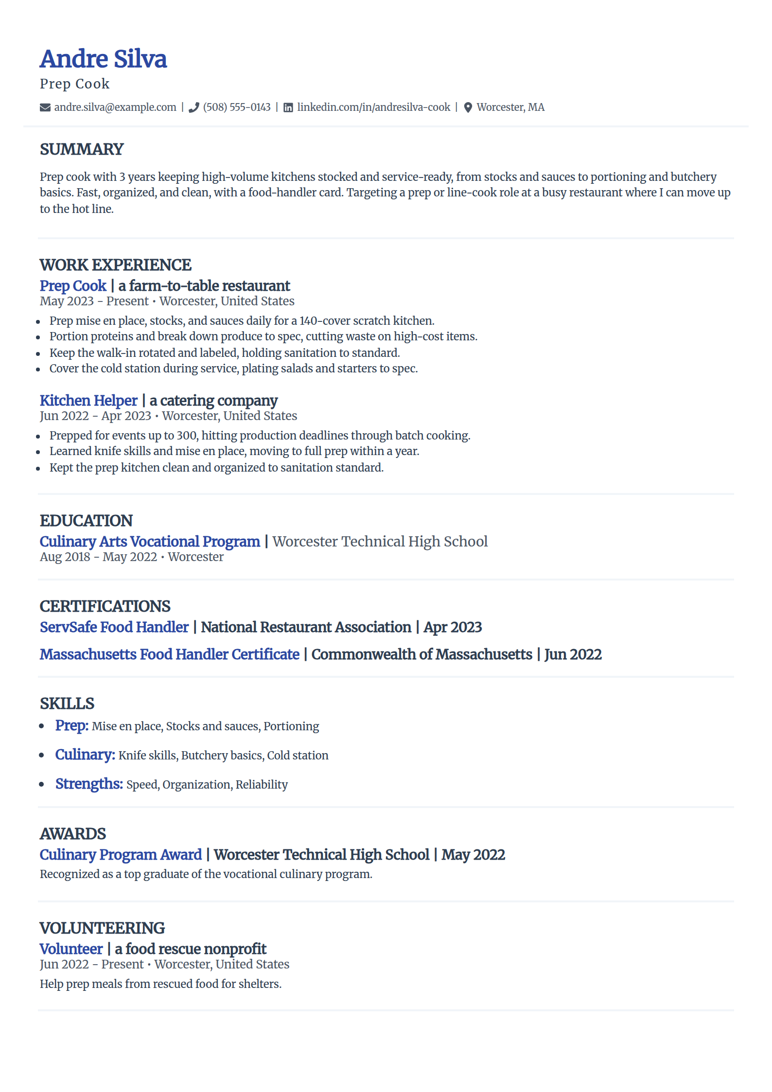 Prep cook resume example in the Elegant template
