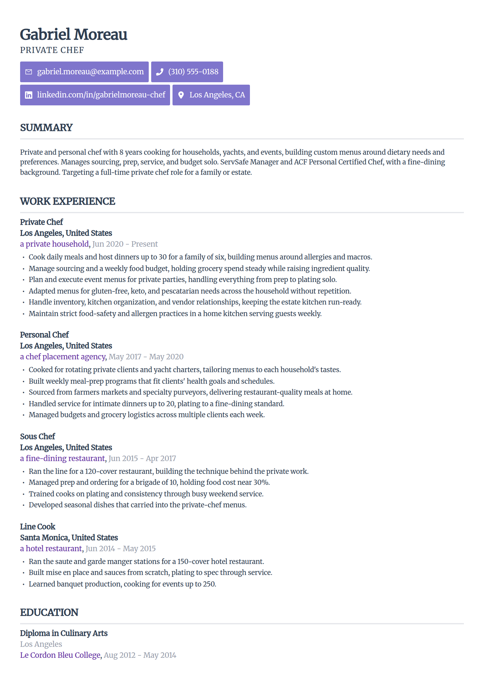 Private chef resume example in the Sleek Framework template