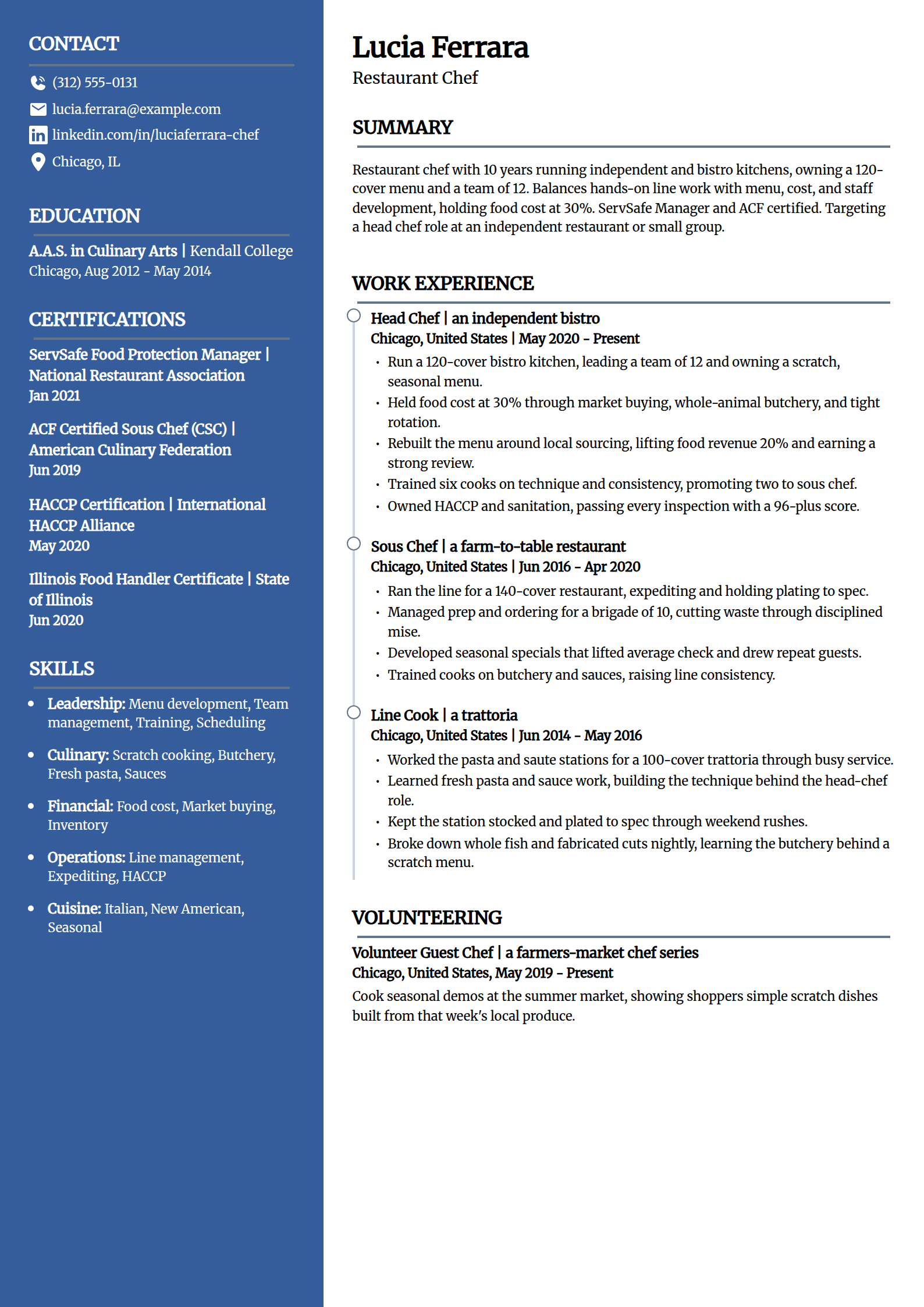 Restaurant chef resume example in the Creative template
