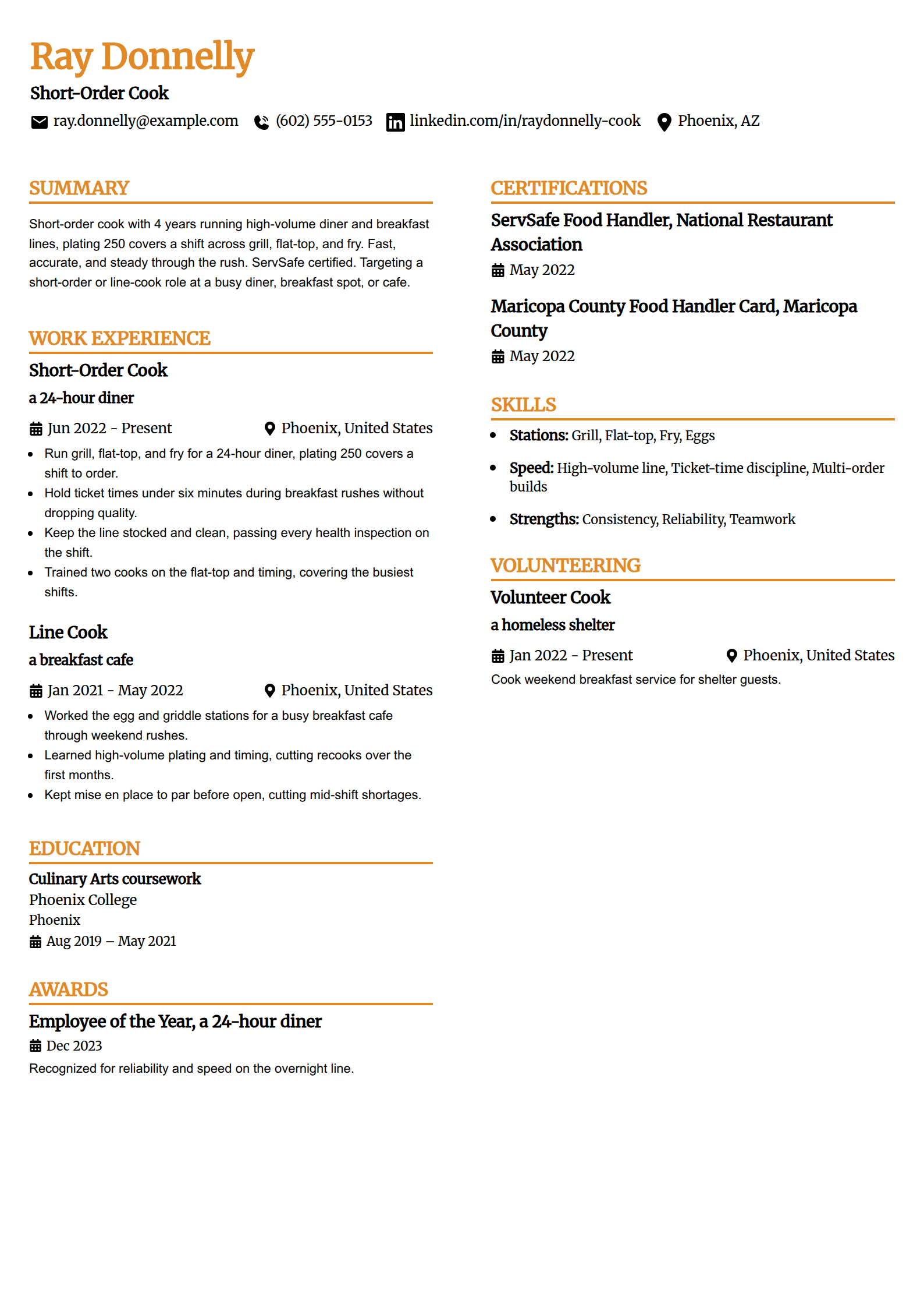 Short-order cook resume example in the Professional Edge template
