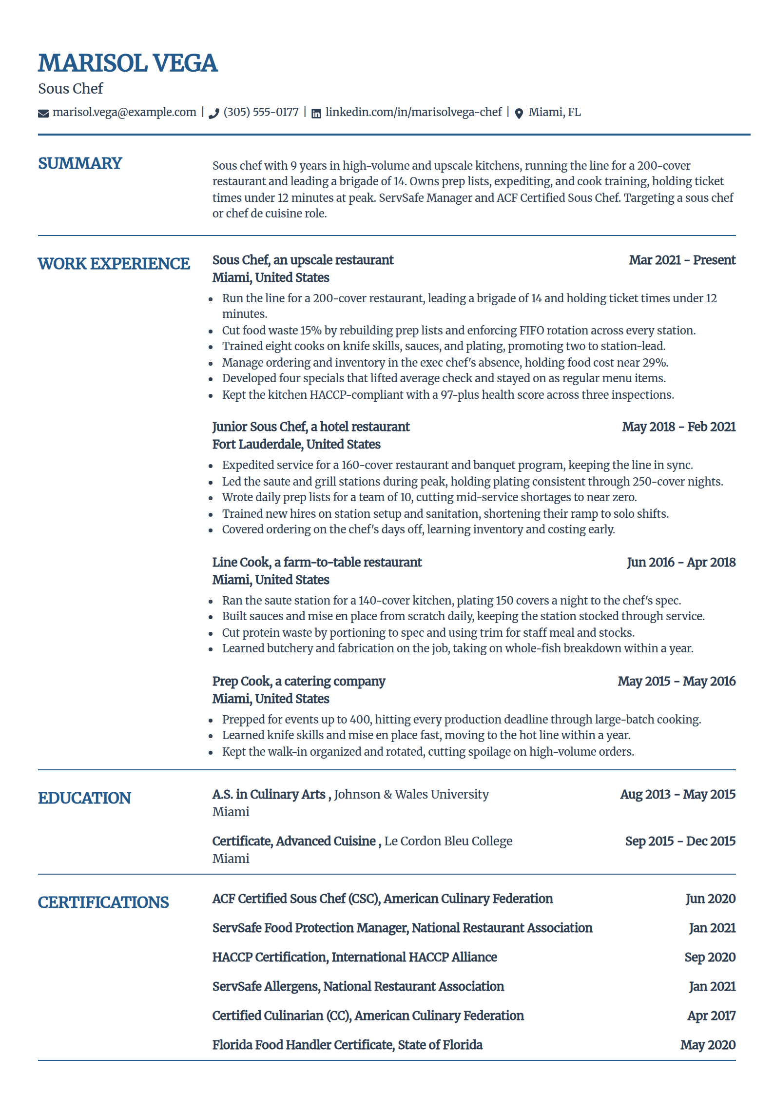 Sous chef resume example in the Craft template