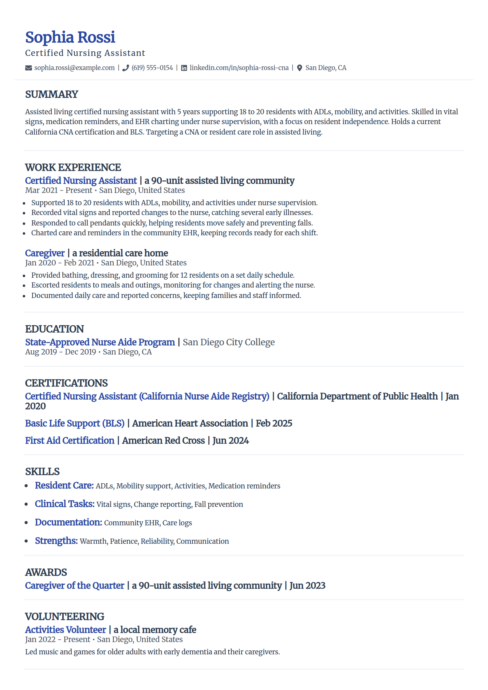 Assisted living CNA resume example in the Elegant template