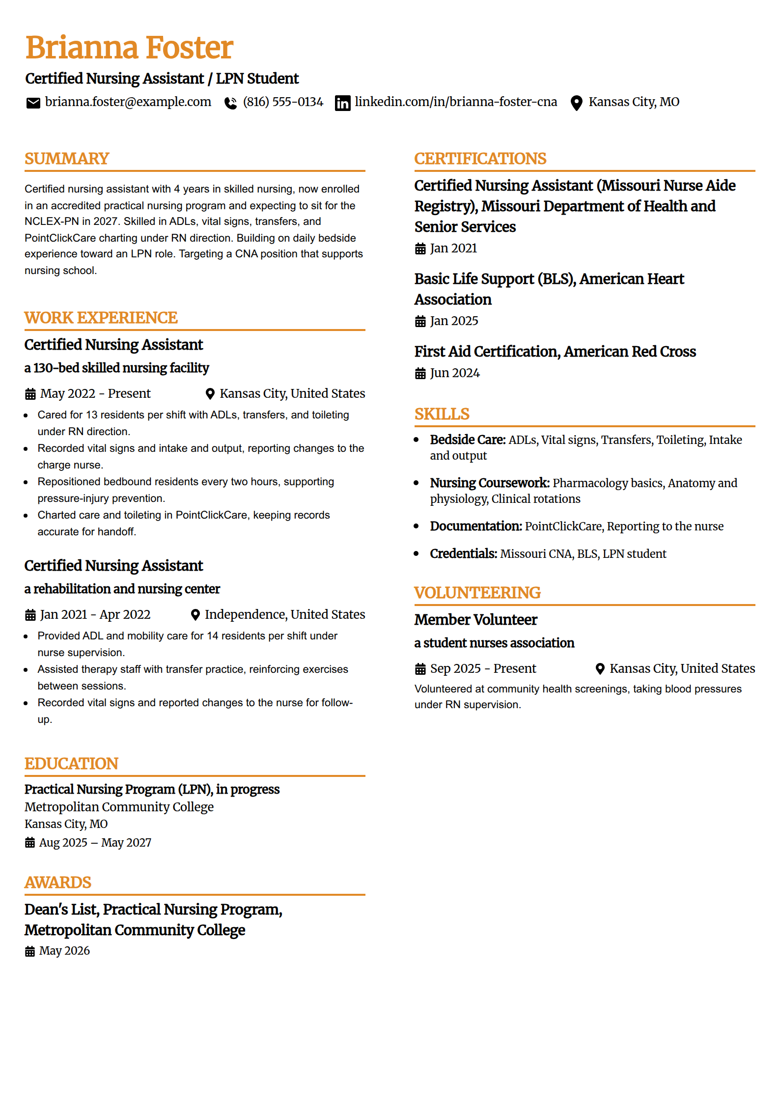 CNA-to-LPN career-change resume example in the Professional Edge template