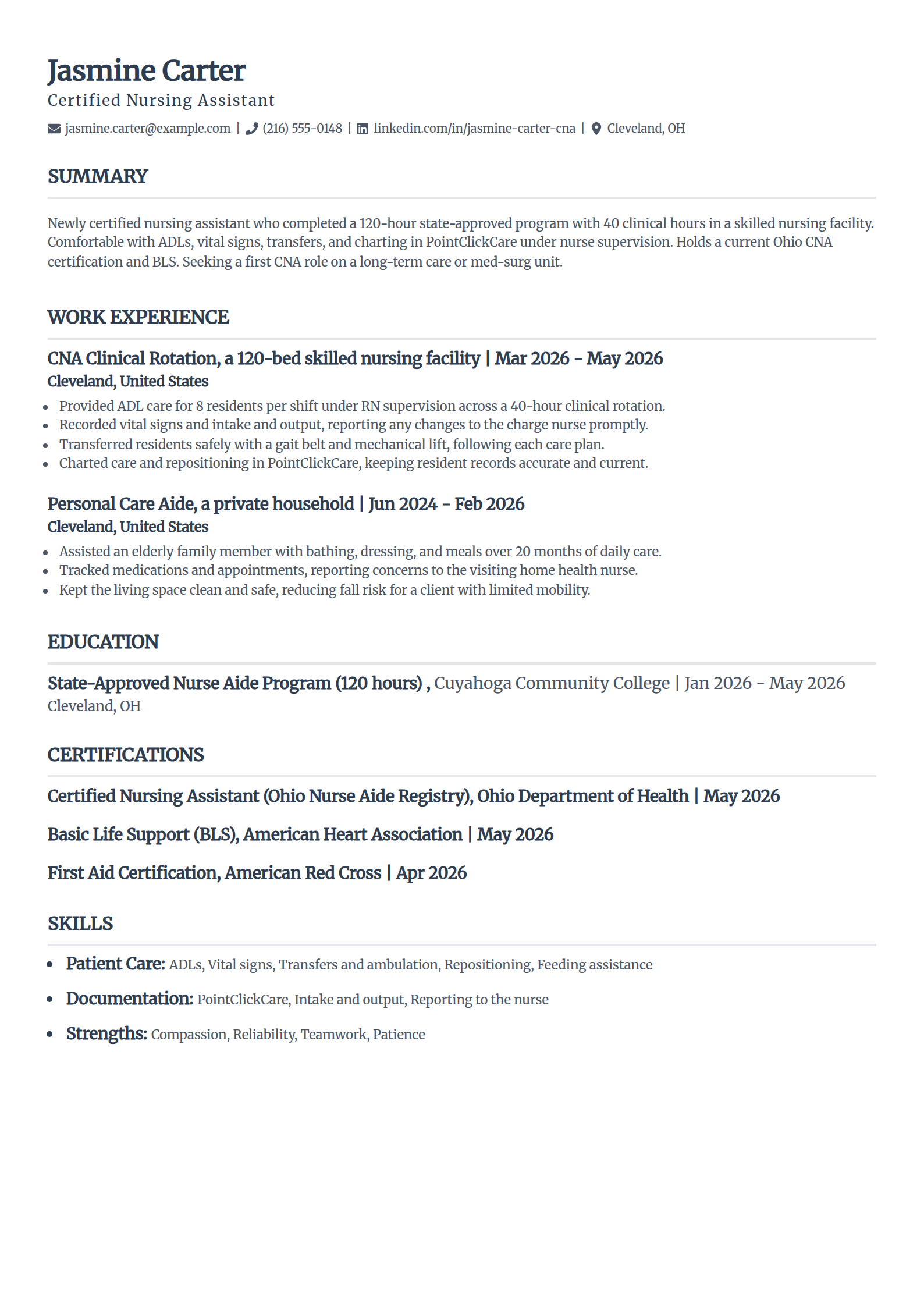 Entry-level CNA resume example in the Classic template