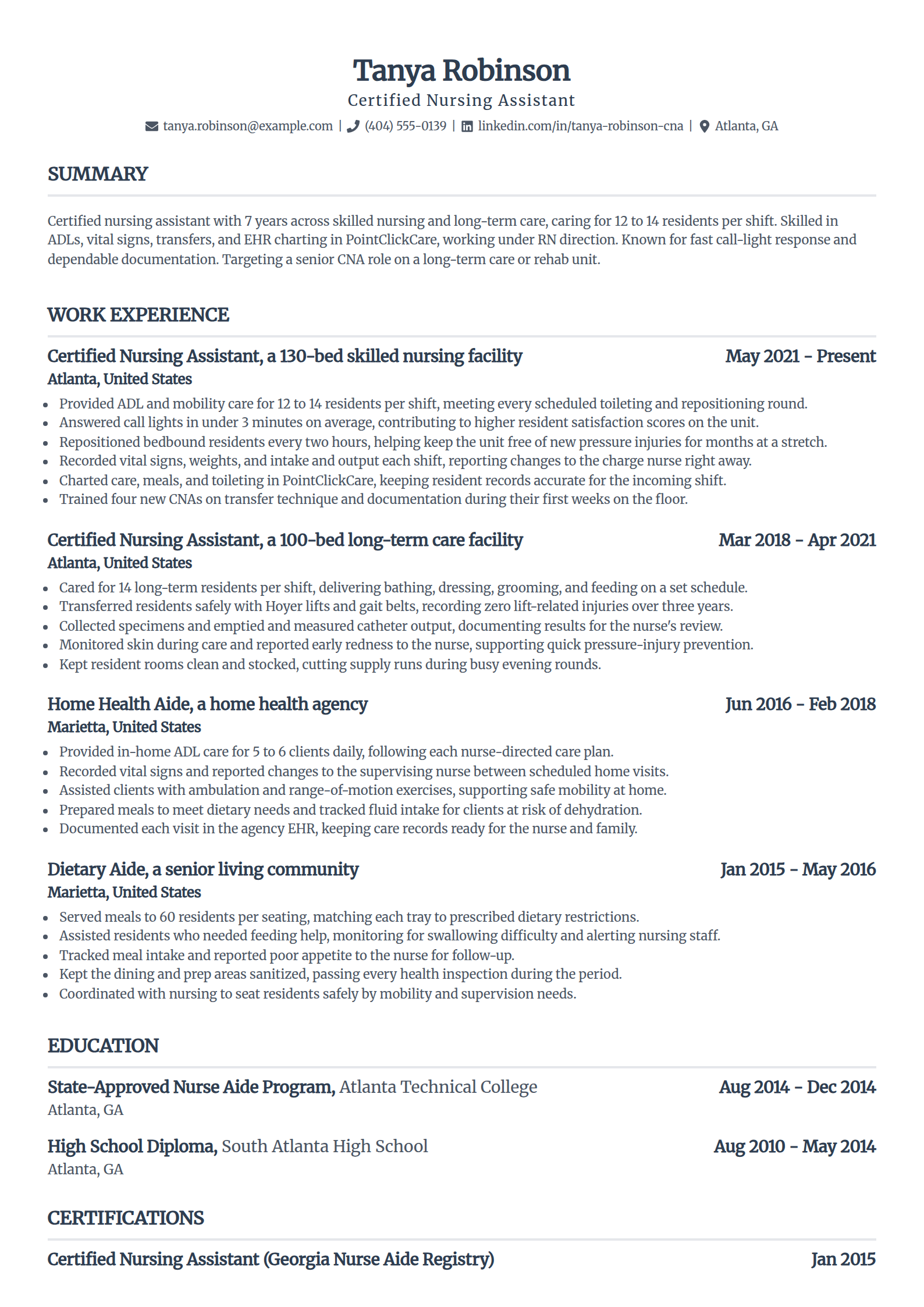 Experienced CNA resume example in the Standard template