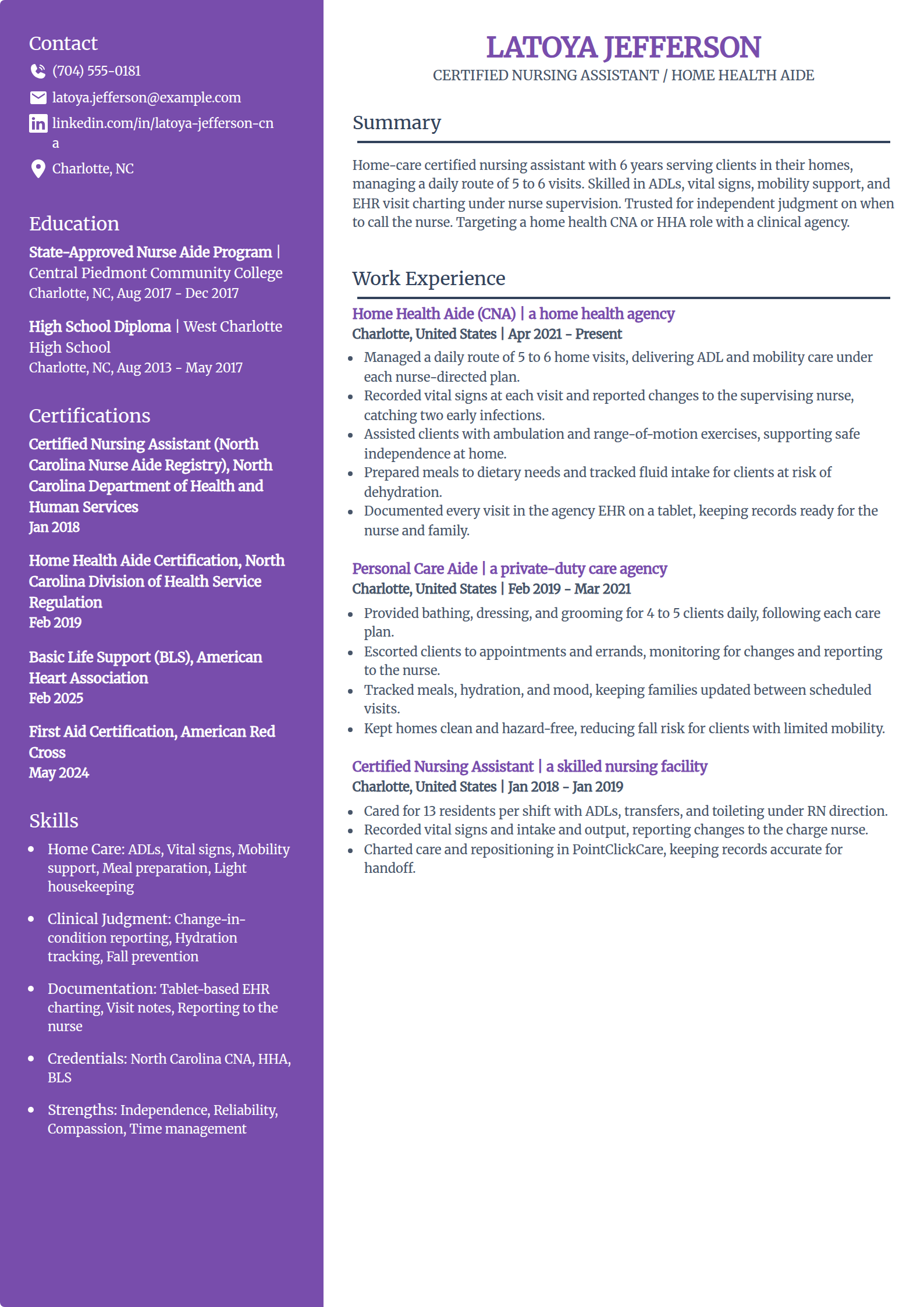 Home health CNA resume example in the Pioneer template
