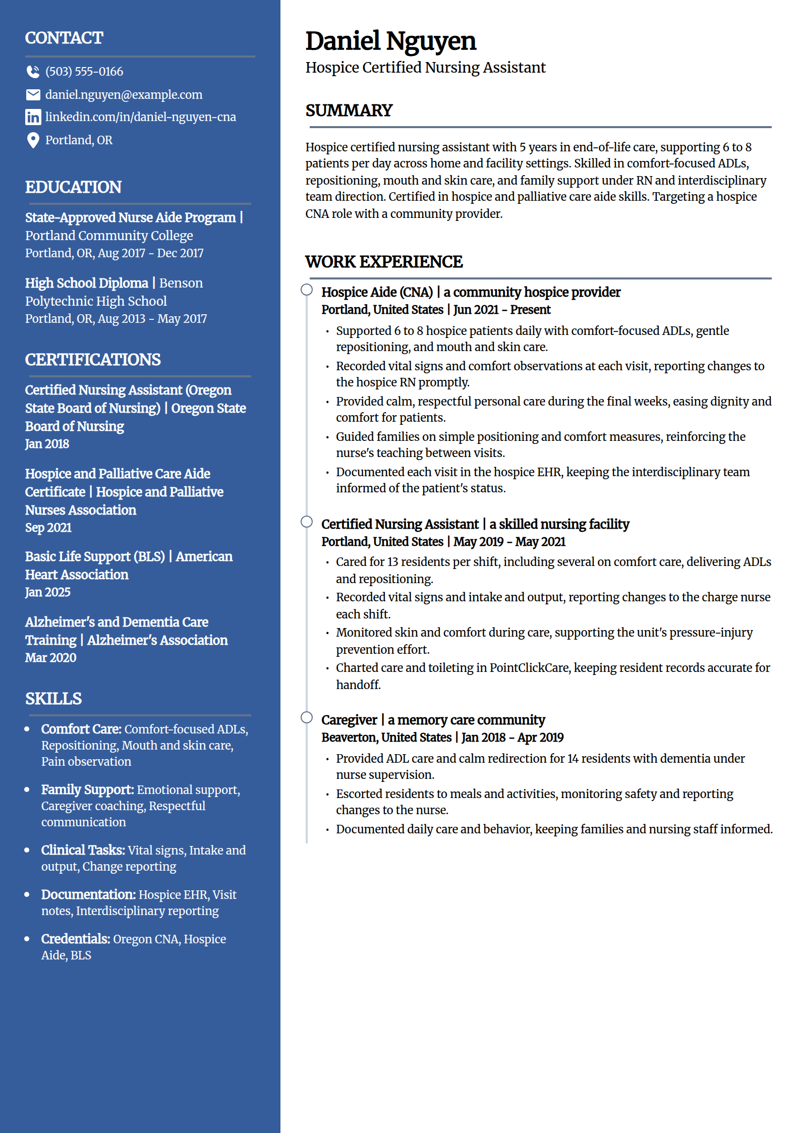 Hospice CNA resume example in the Creative template
