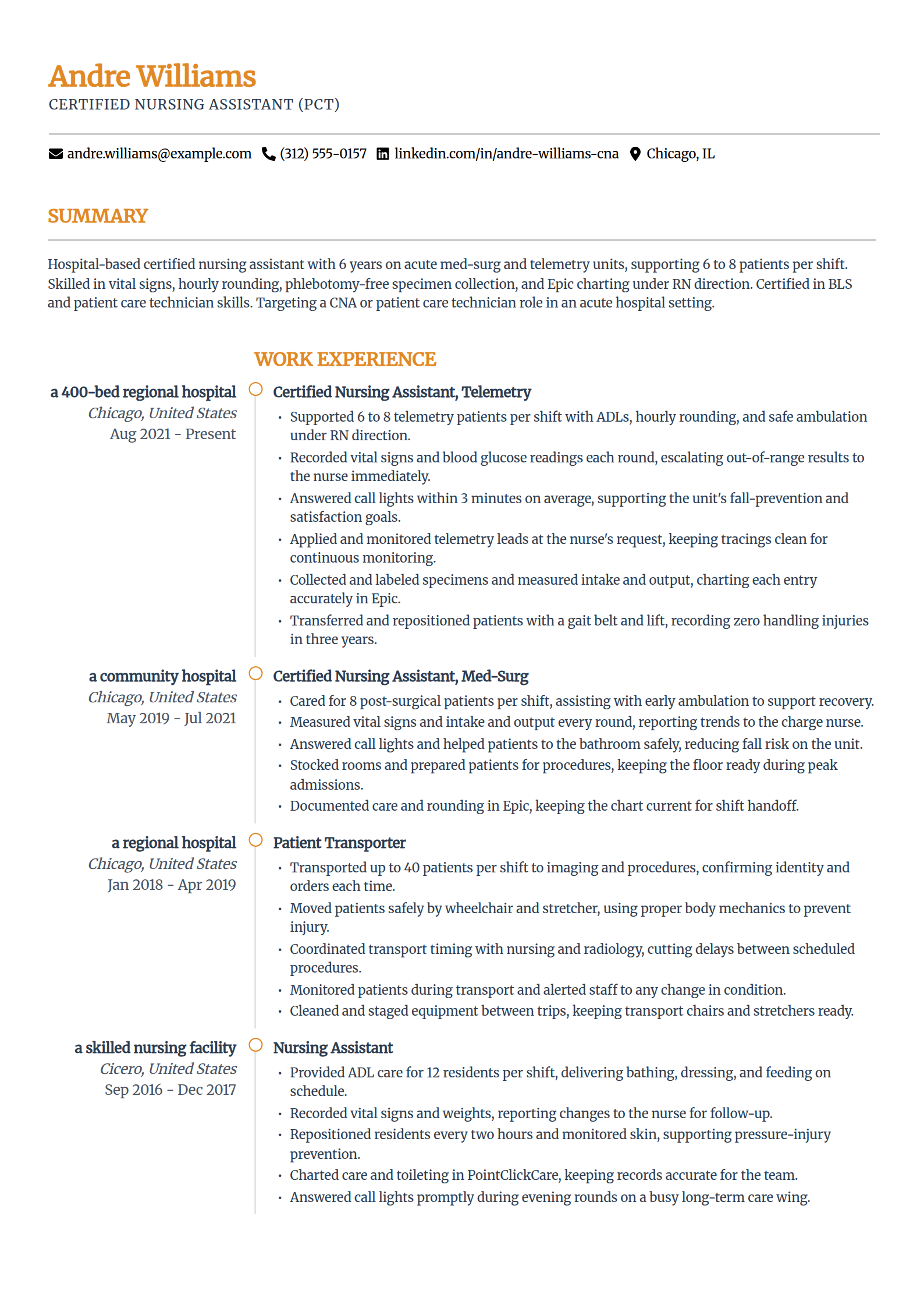 Hospital and acute-care CNA resume example in the Zenith template