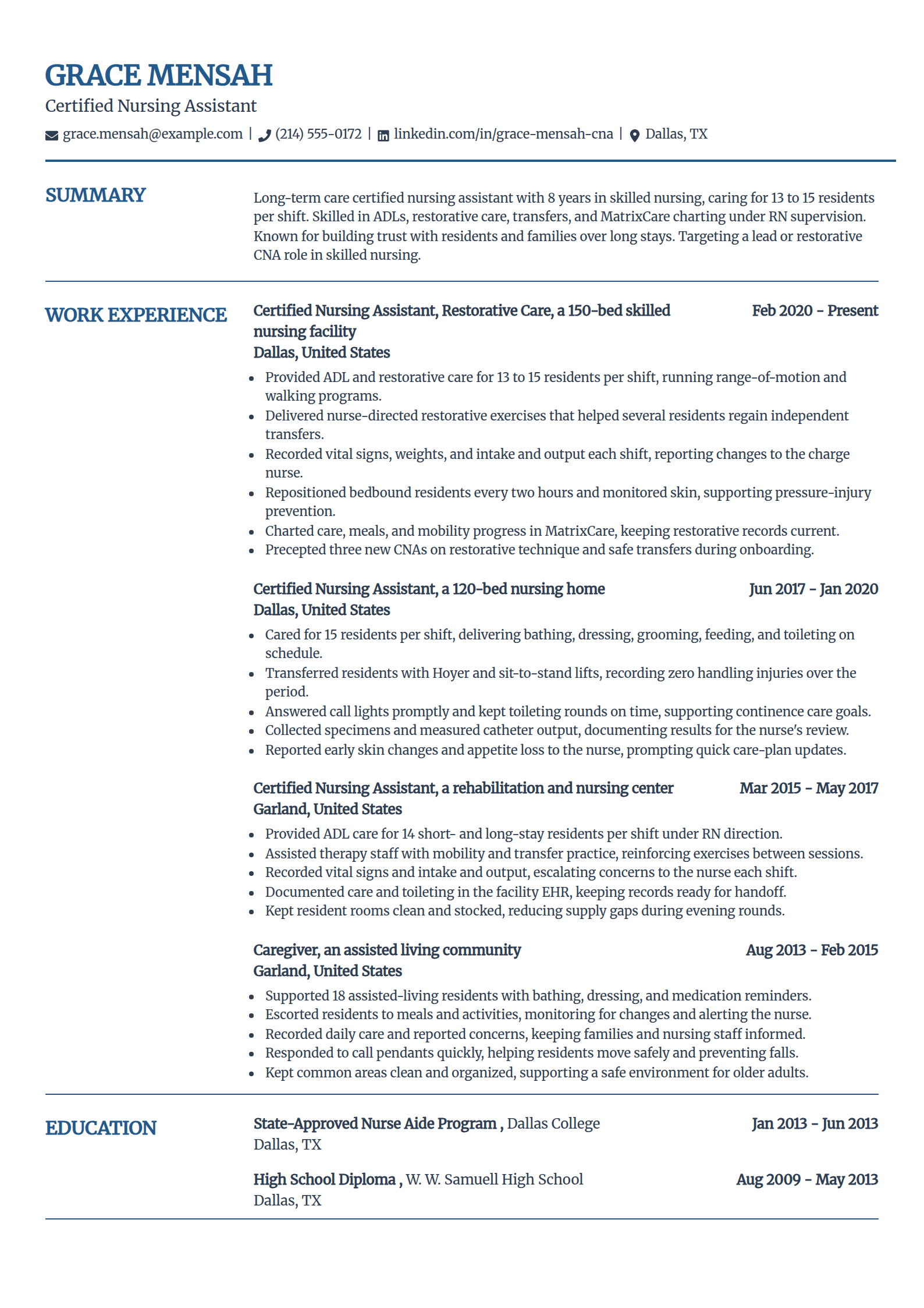Long-term care CNA resume example in the Craft template