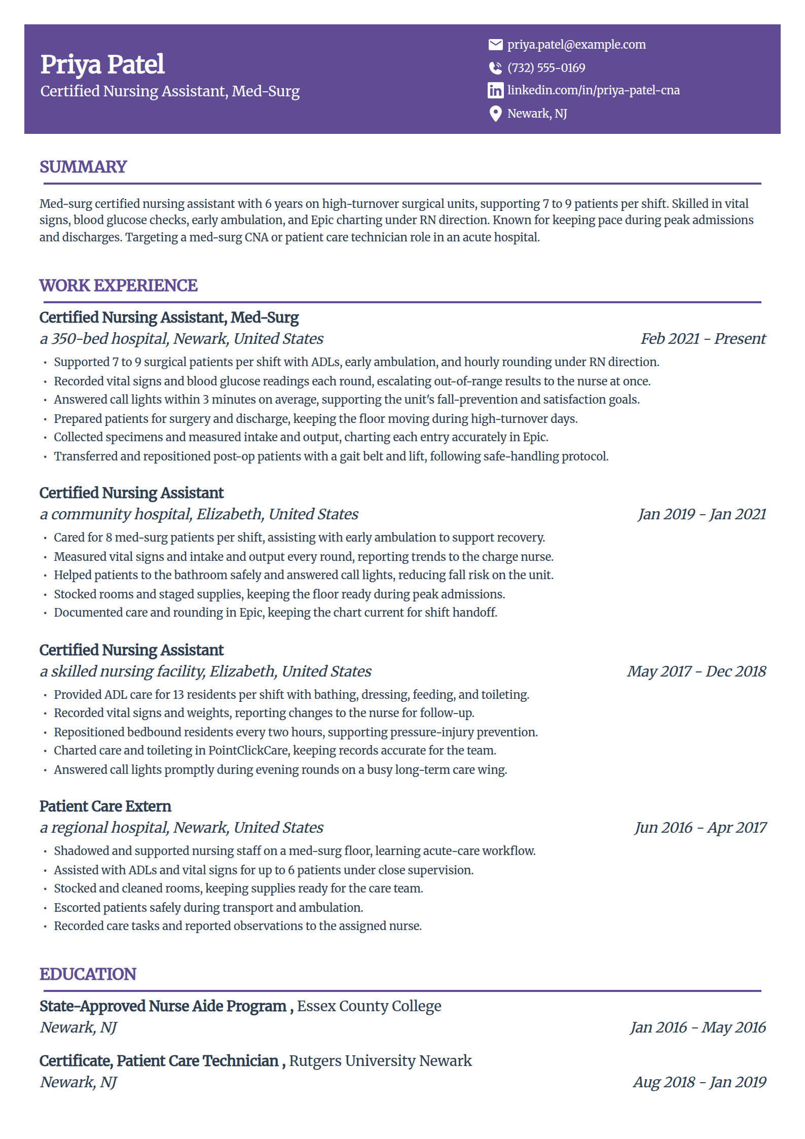 Med-surg CNA resume example in the Panorama template