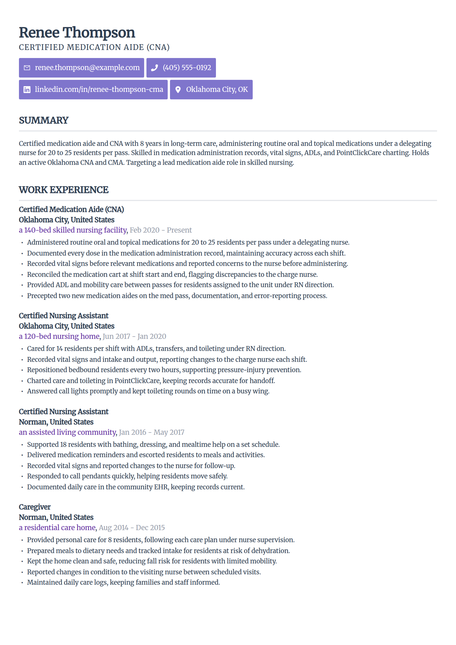 Certified medication aide resume example in the Sleek Framework template