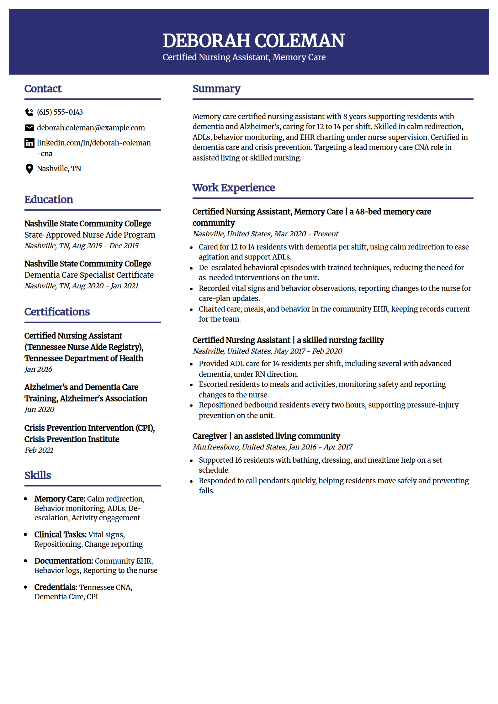 Memory care and dementia CNA resume example in the Visionary template