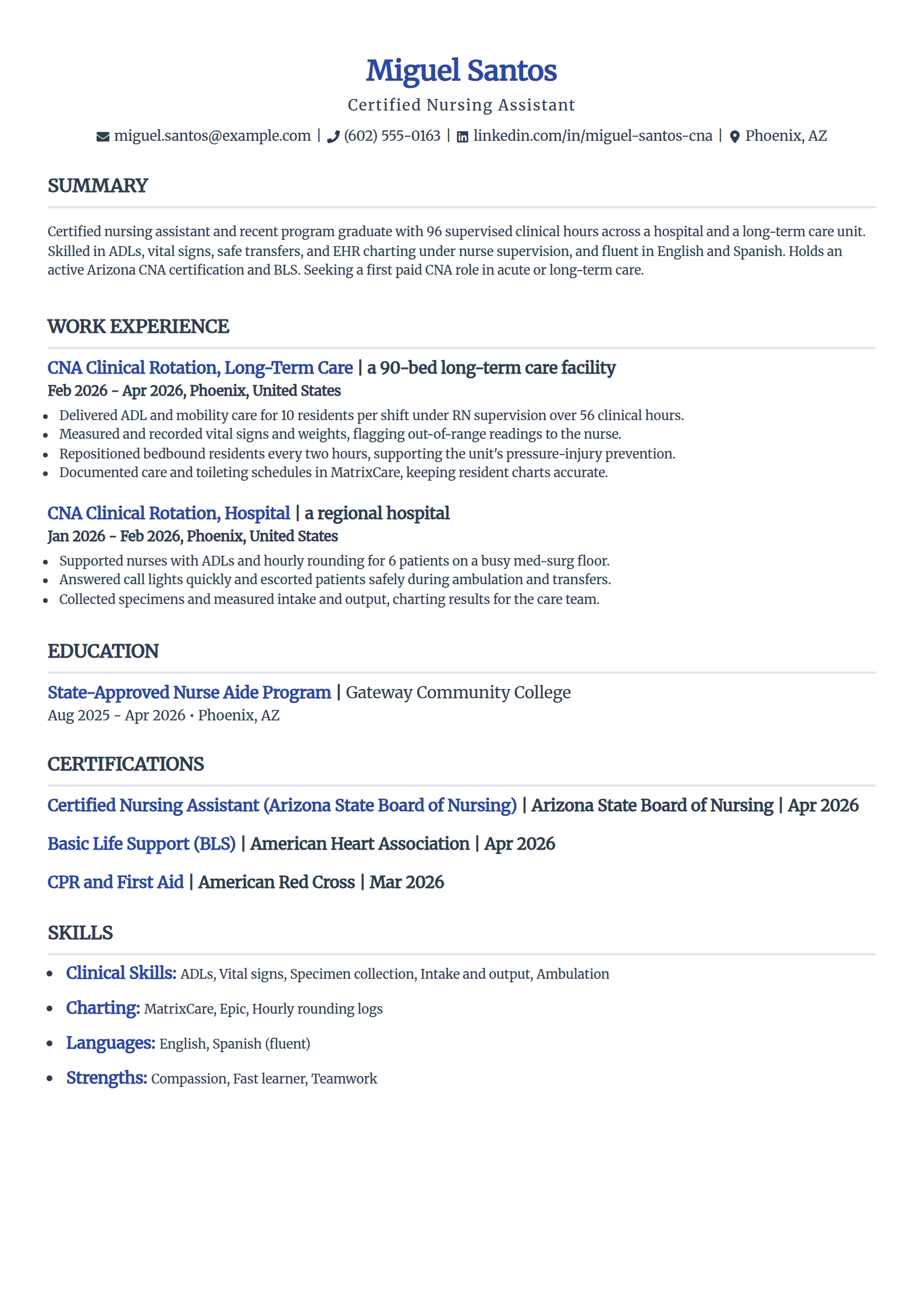 New CNA graduate resume example in the Simple template