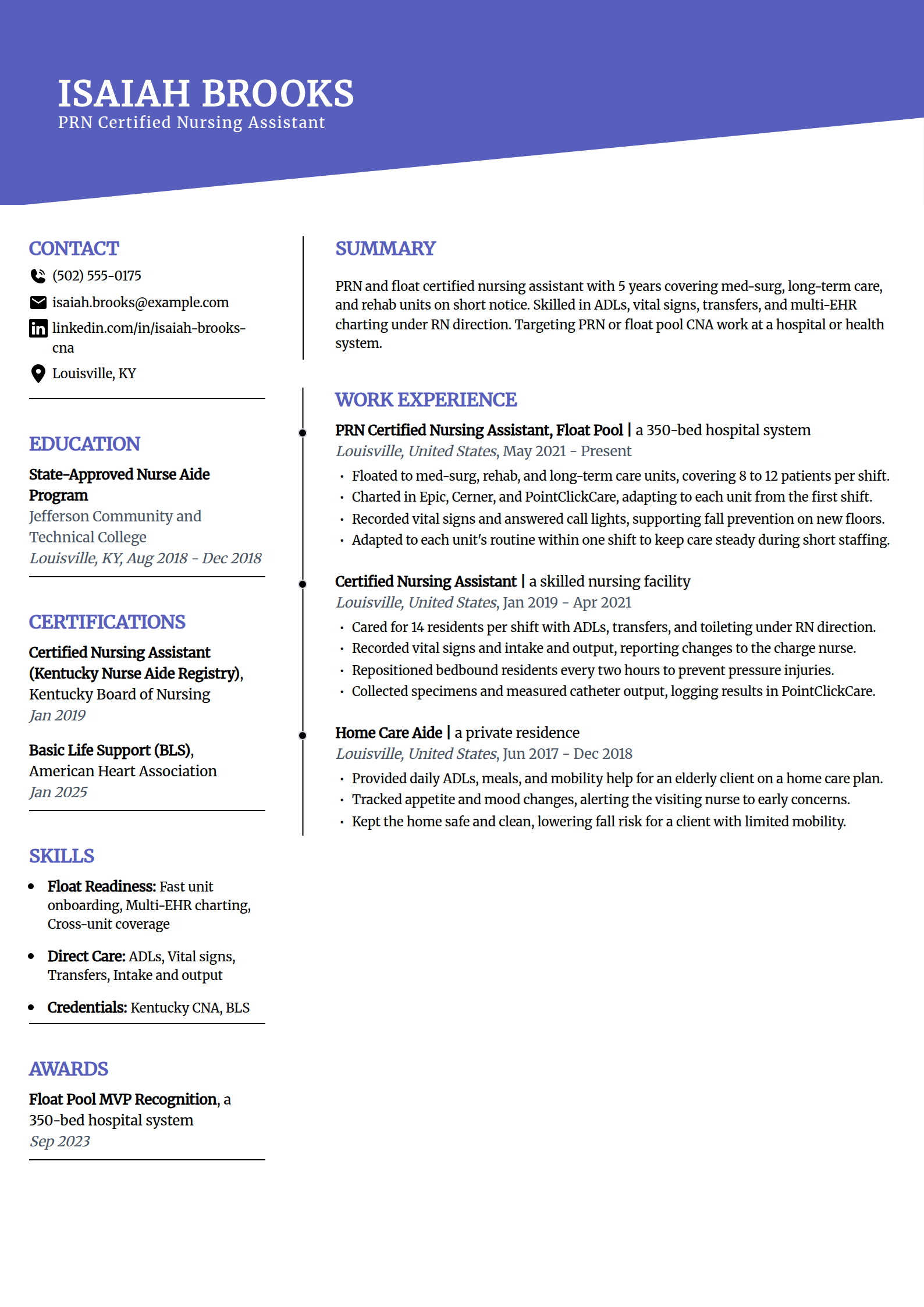 PRN and float CNA resume example in the Orbit template