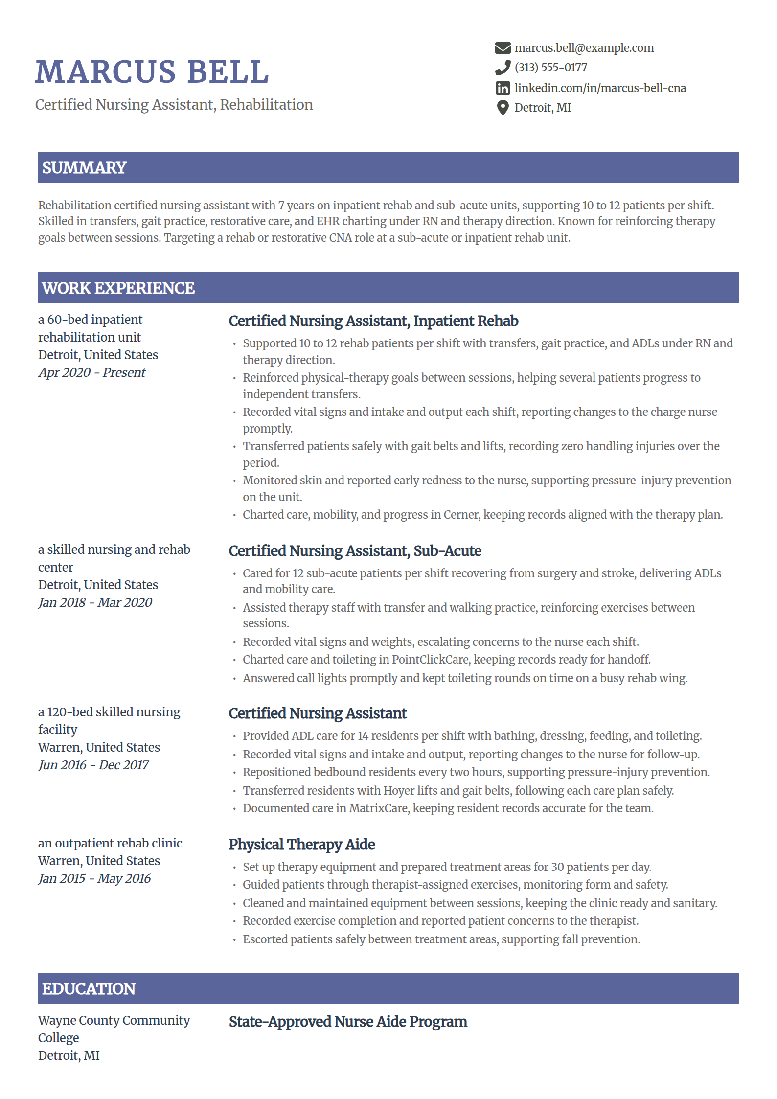 Rehabilitation CNA resume example in the Catalyst template