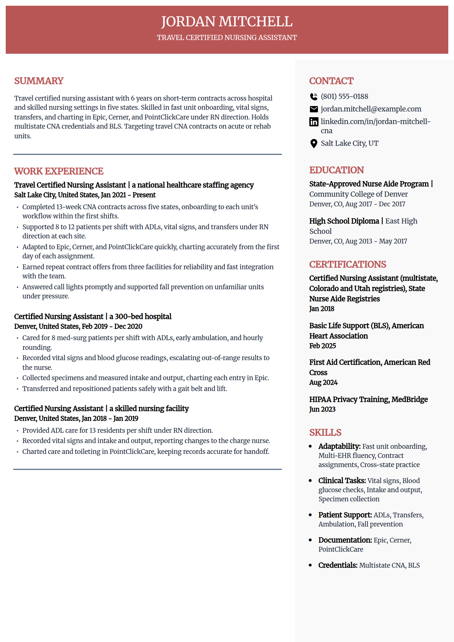 Travel CNA resume example in the Executive template