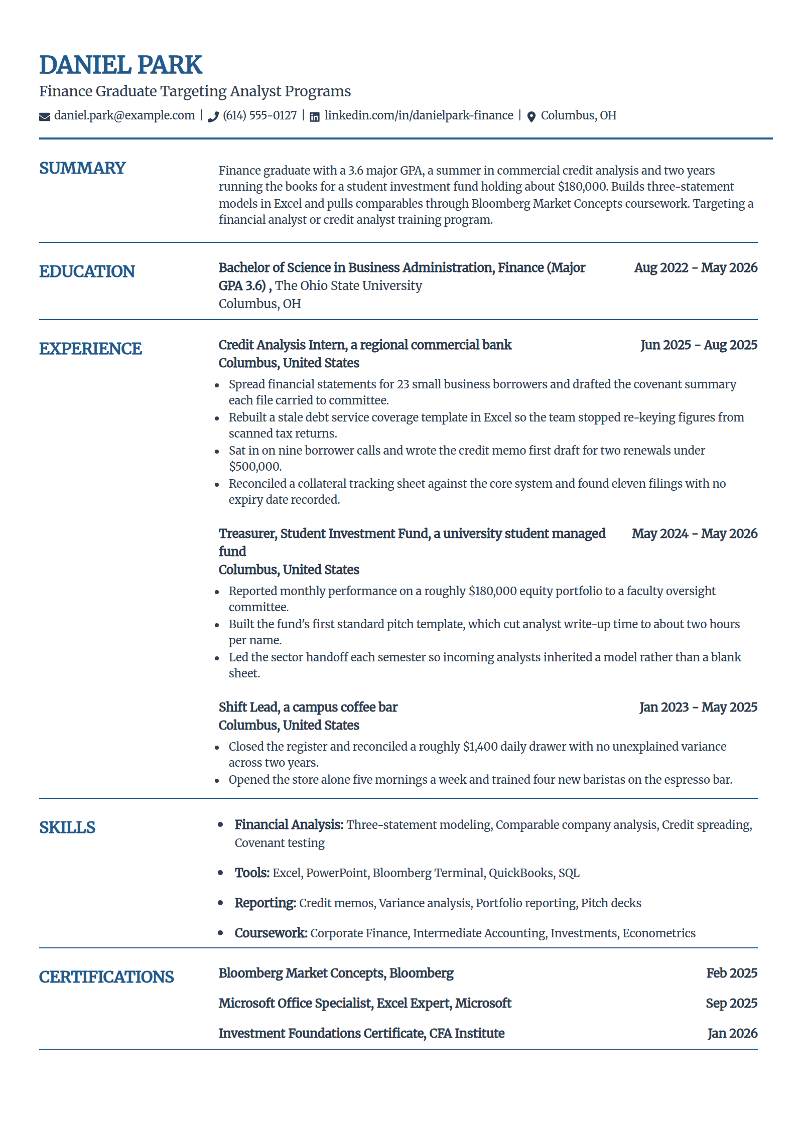Business degree graduate resume example in the Craft template