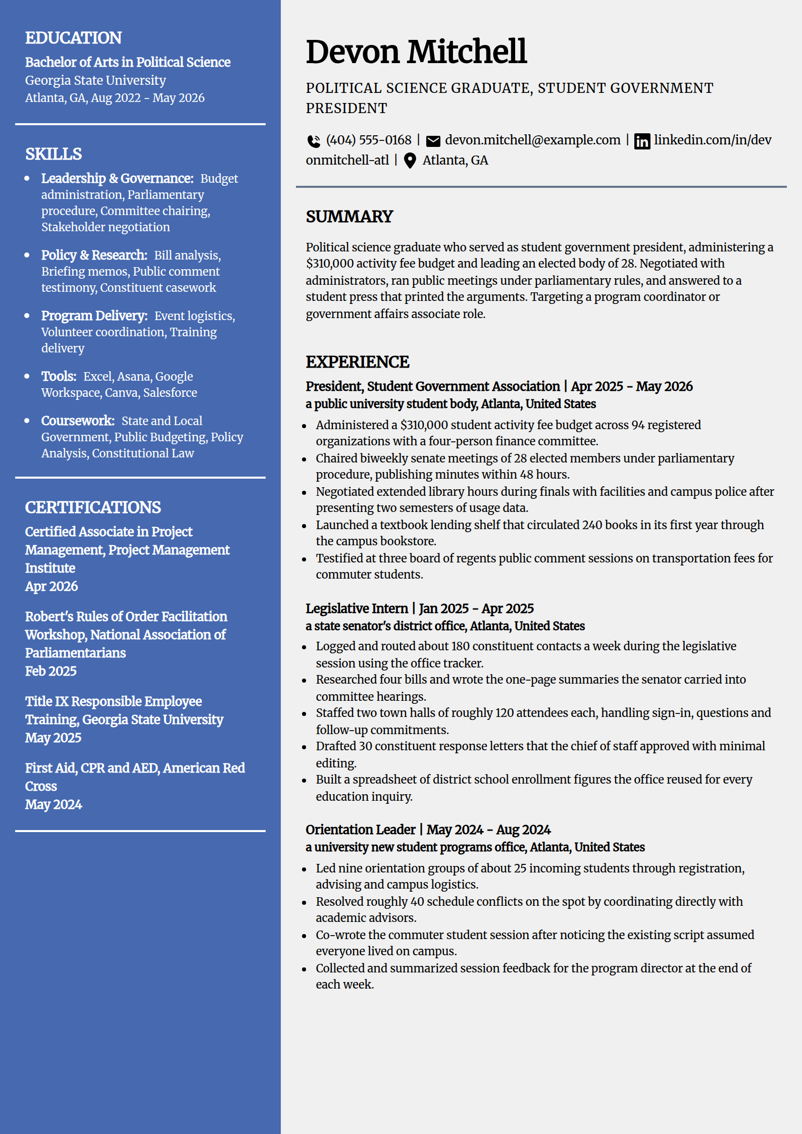 College graduate with campus leadership experience resume example in the Innovative template