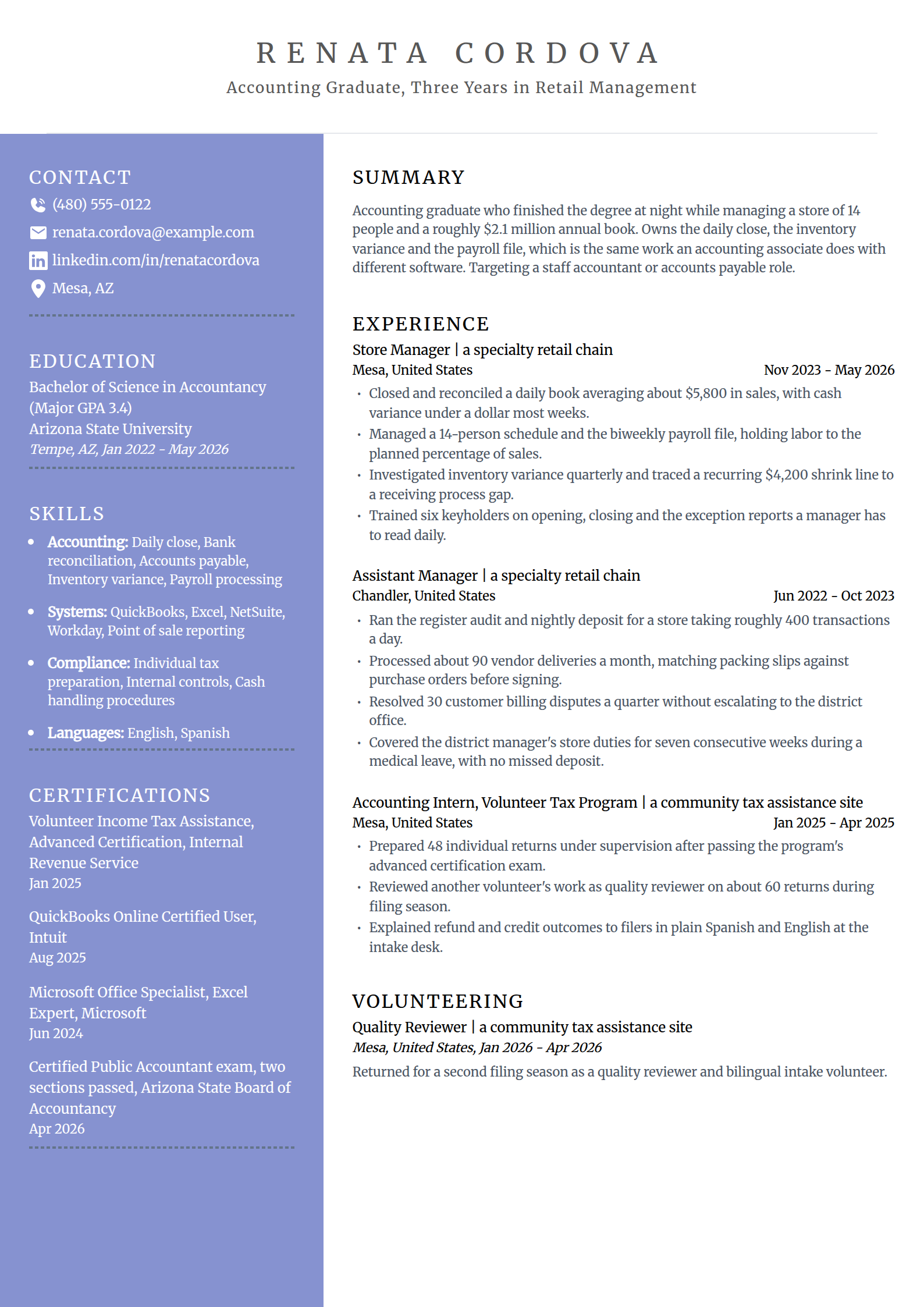 College graduate career changer from part-time work resume example in the Luminary template