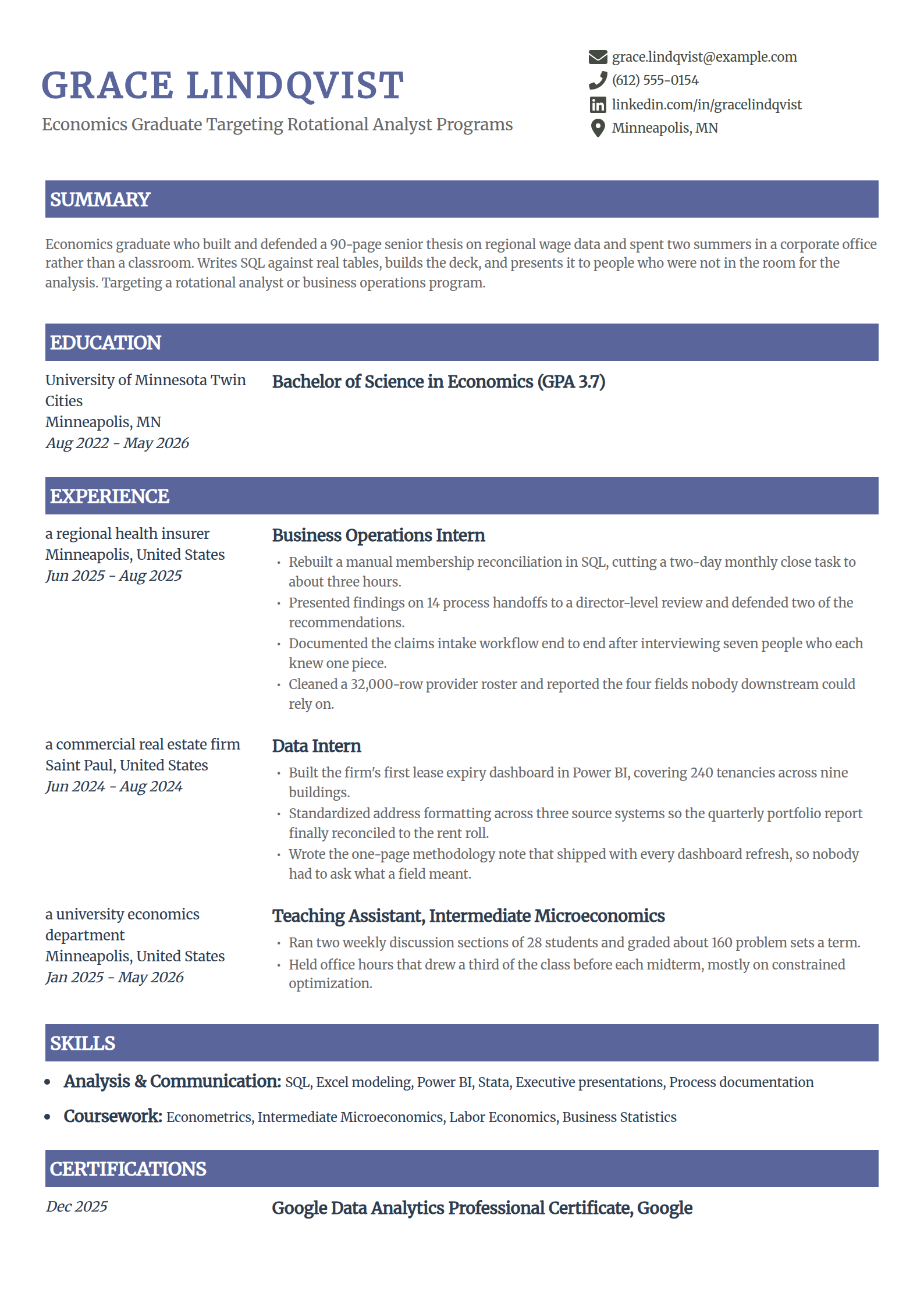 College graduate seeking a first corporate job resume example in the Catalyst template
