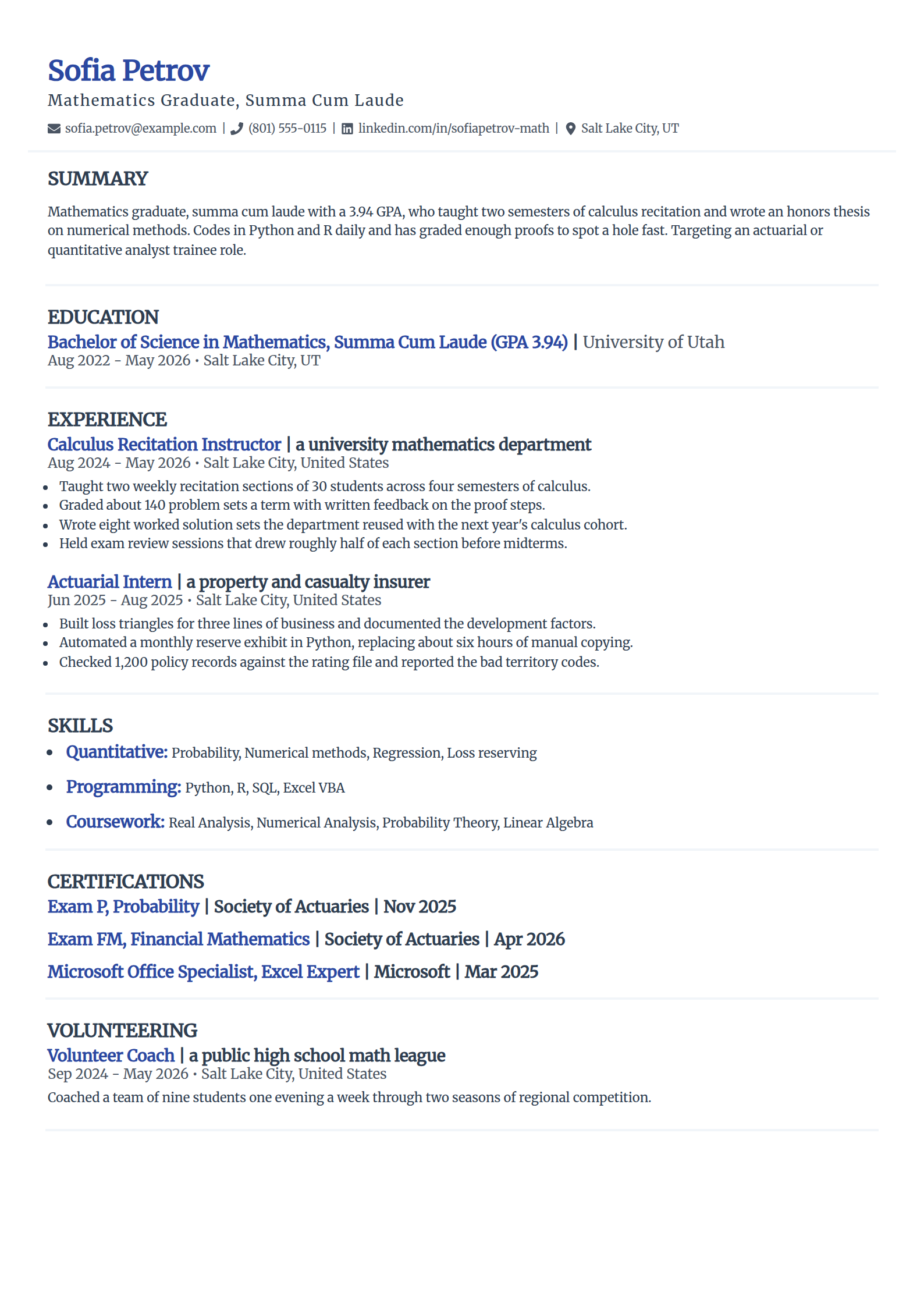 Honors college graduate resume example in the Elegant template