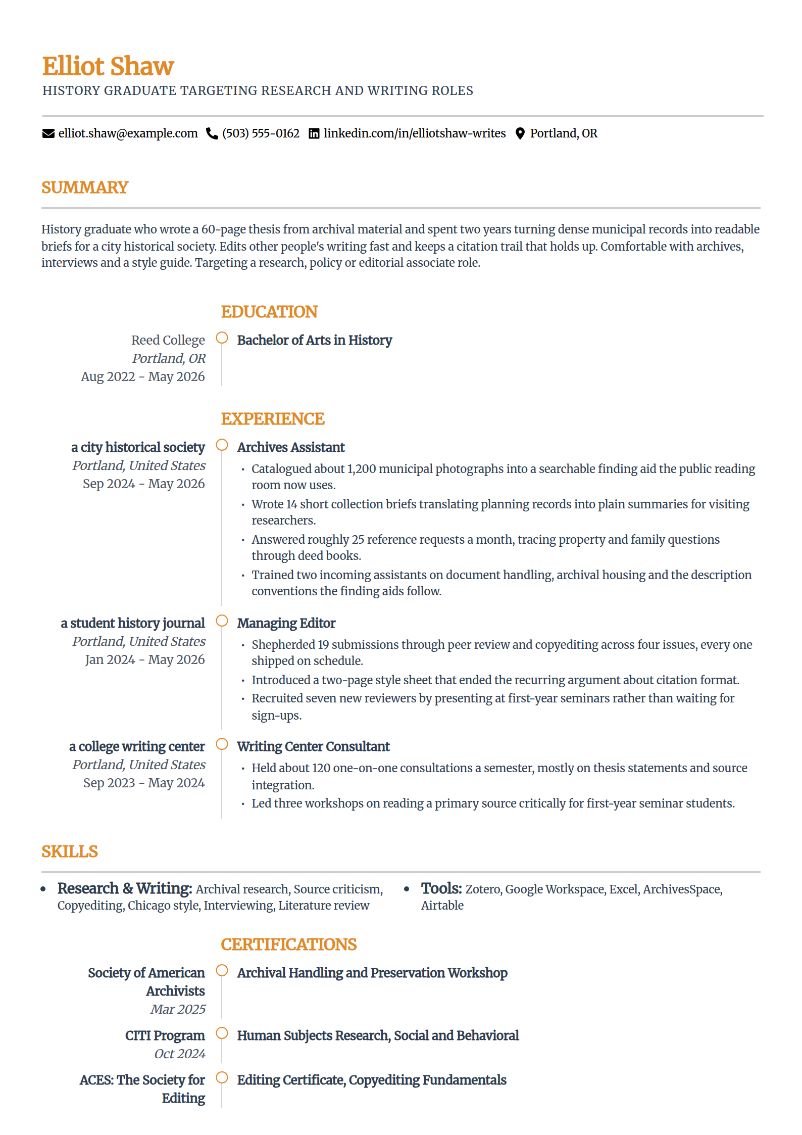 Liberal arts degree graduate resume example in the Zenith template