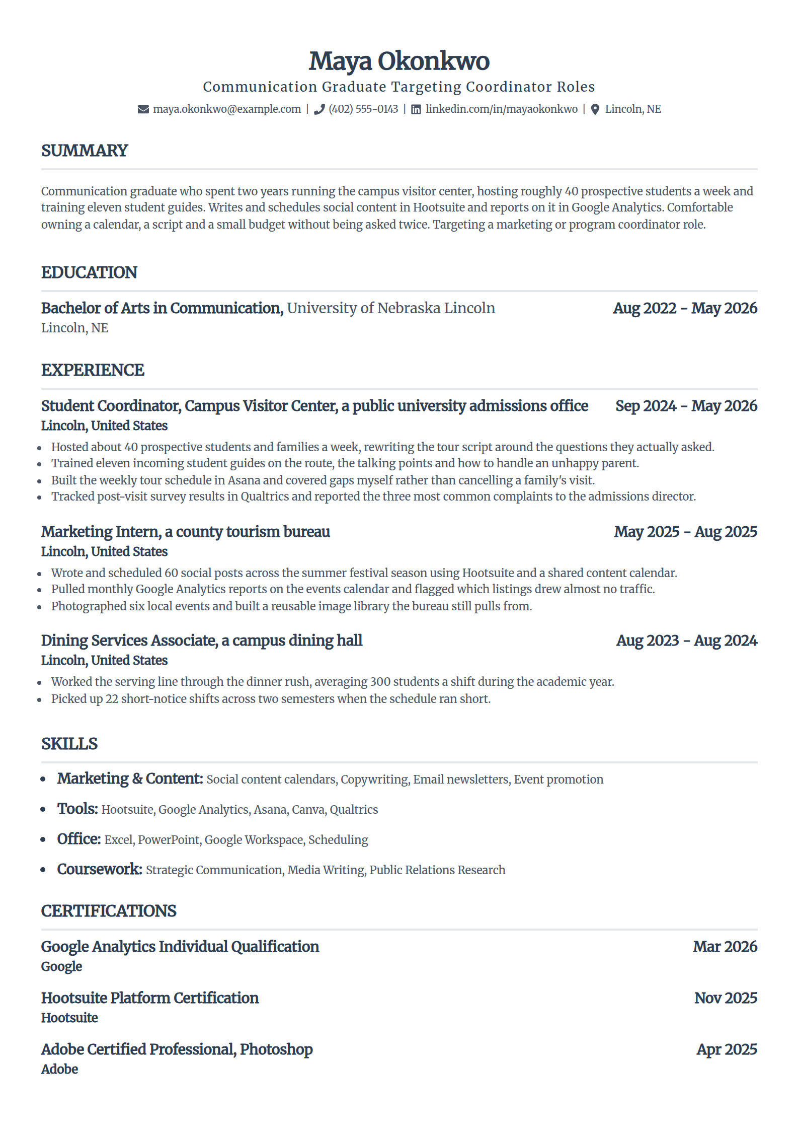 Recent college graduate resume example in the Standard template