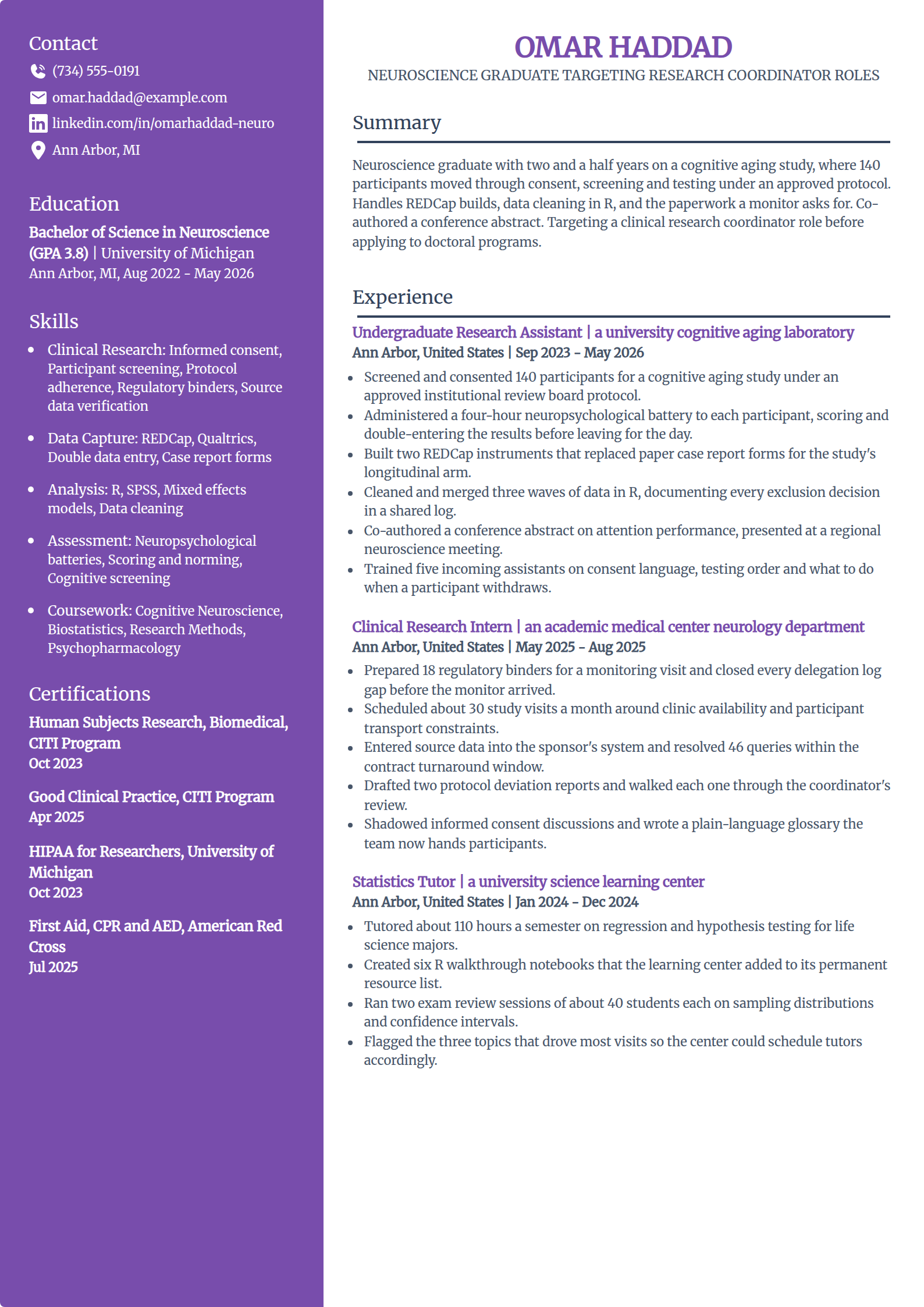 College graduate seeking a research role resume example in the Pioneer template