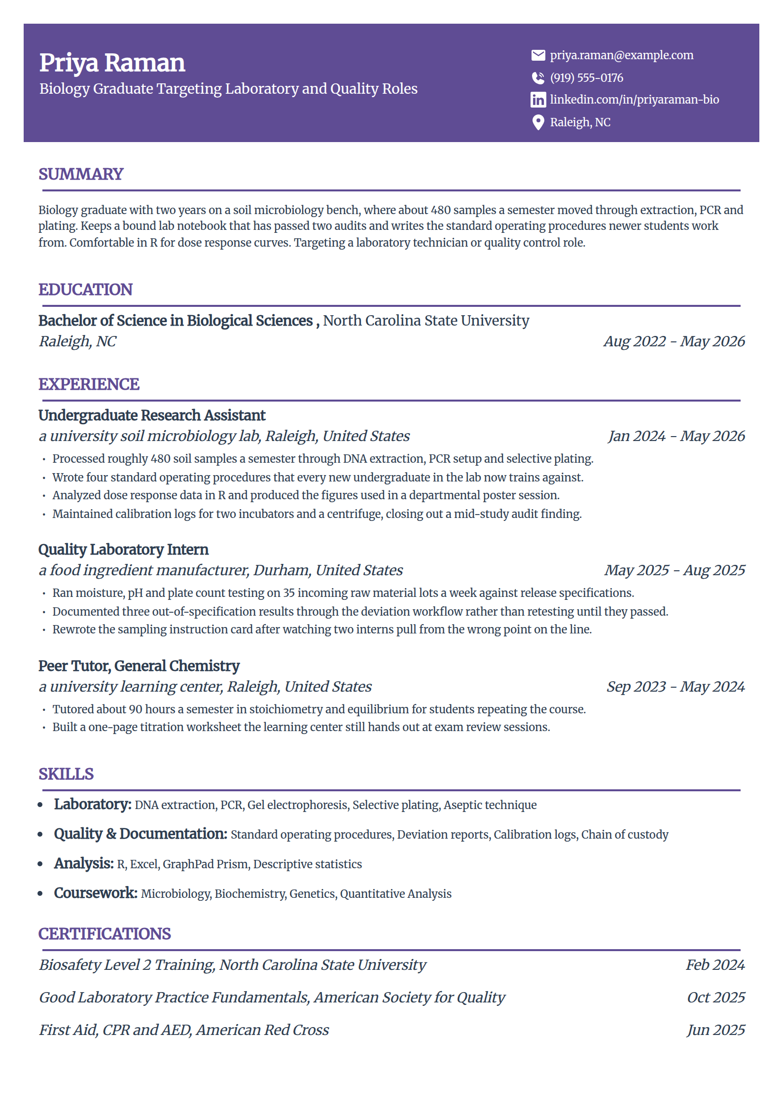 STEM degree graduate resume example in the Panorama template