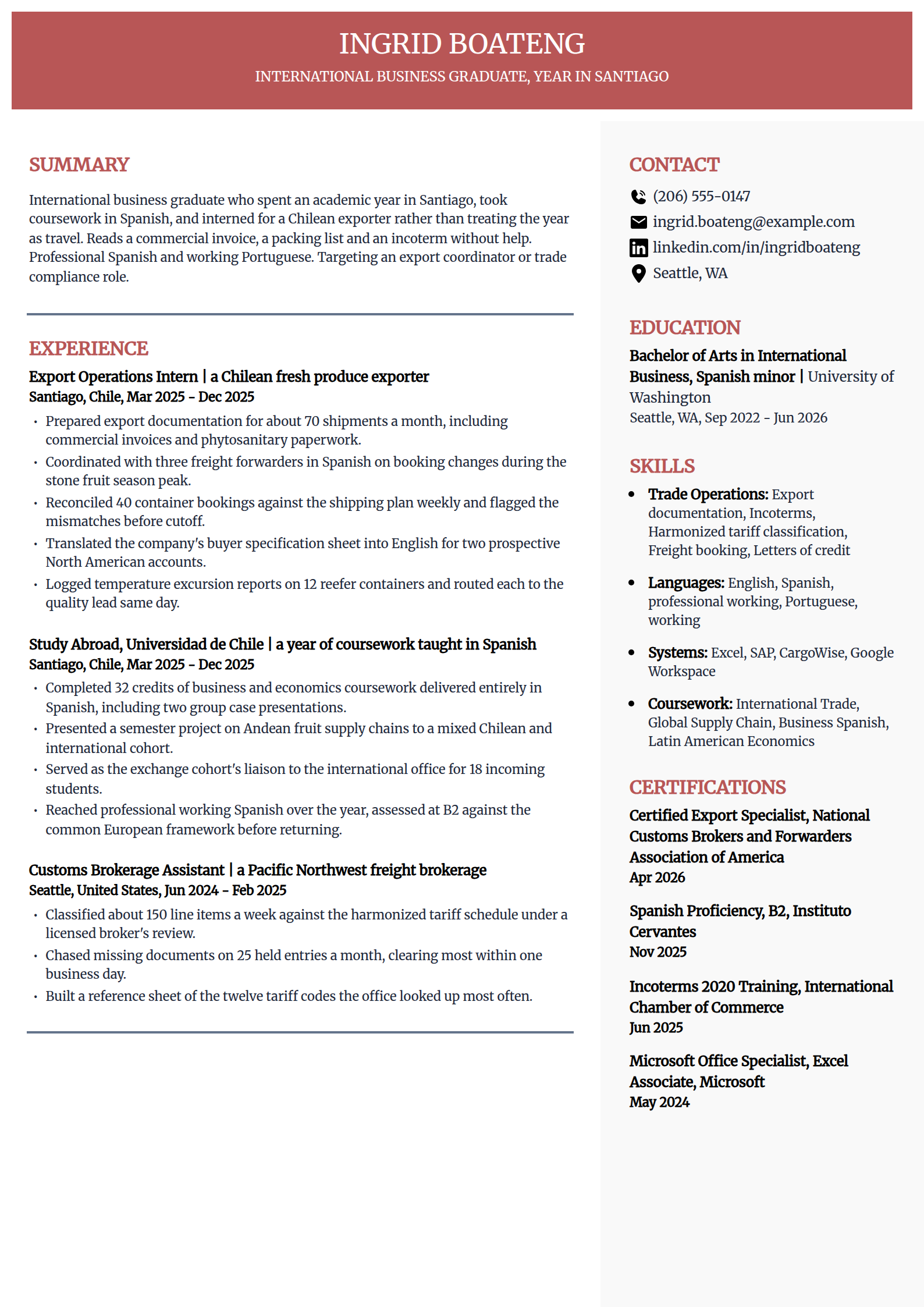 College graduate with study abroad experience resume example in the Executive template