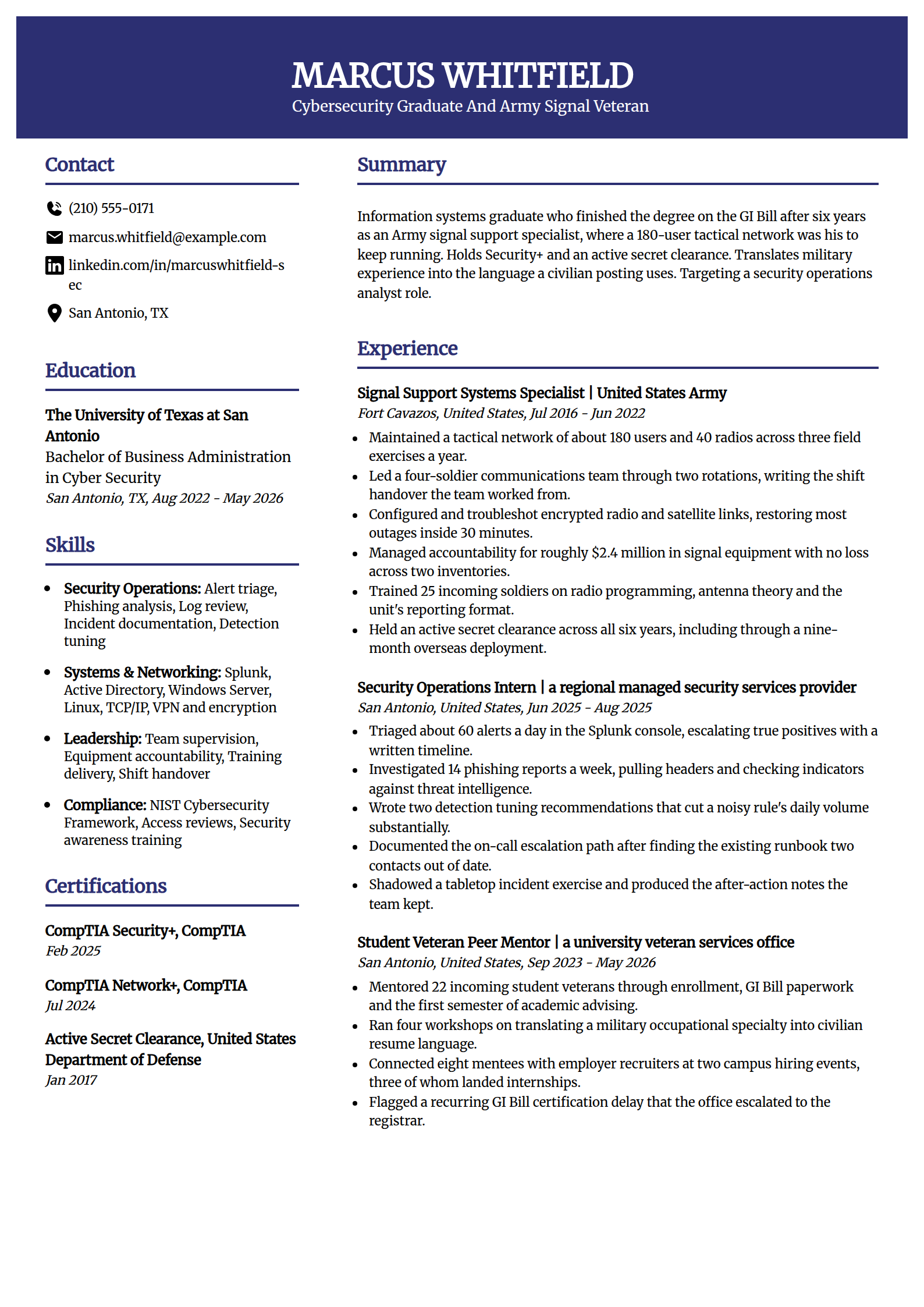 Veteran college graduate resume example in the Visionary template