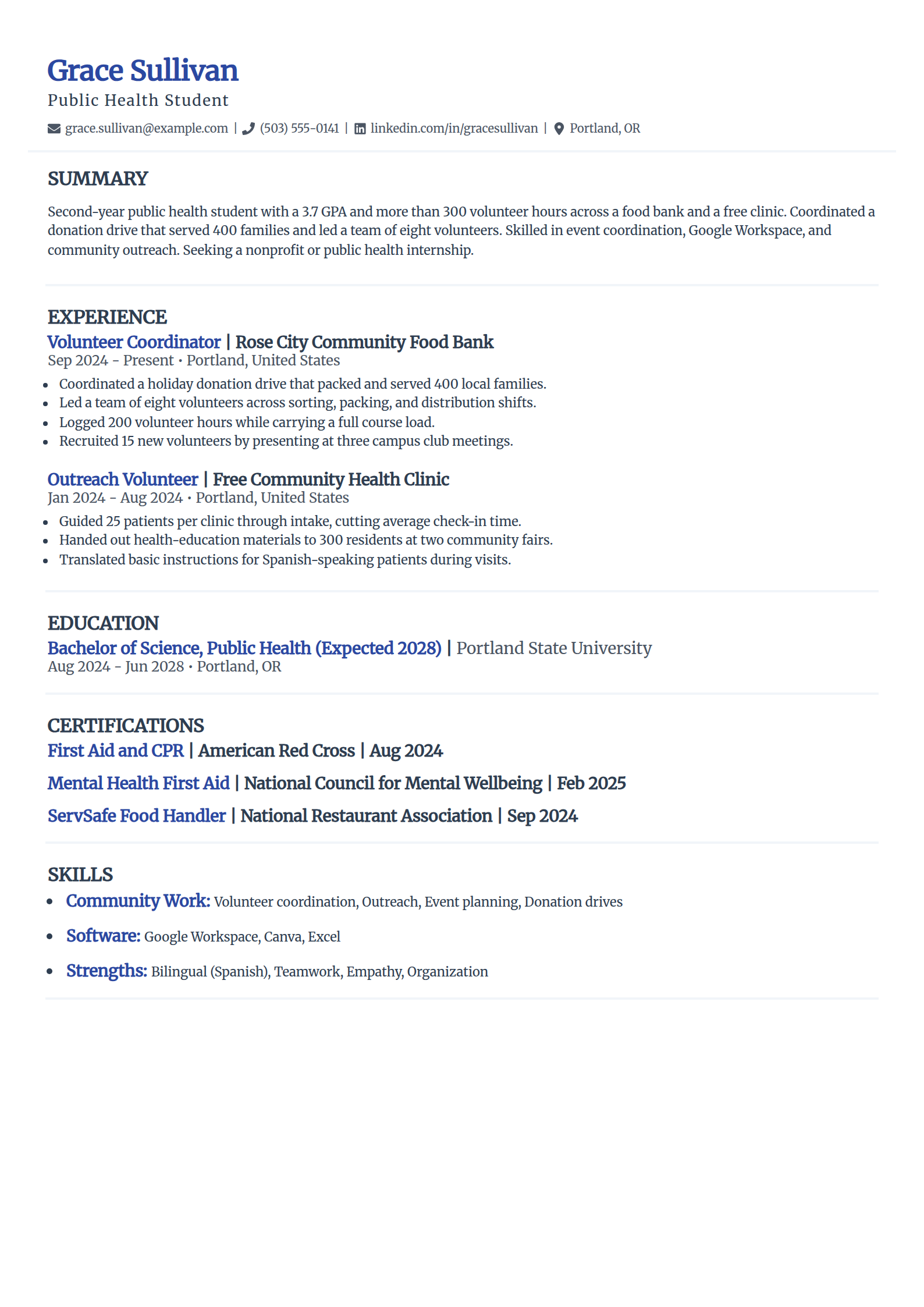 Community service and volunteer-focused student resume example in the Elegant template