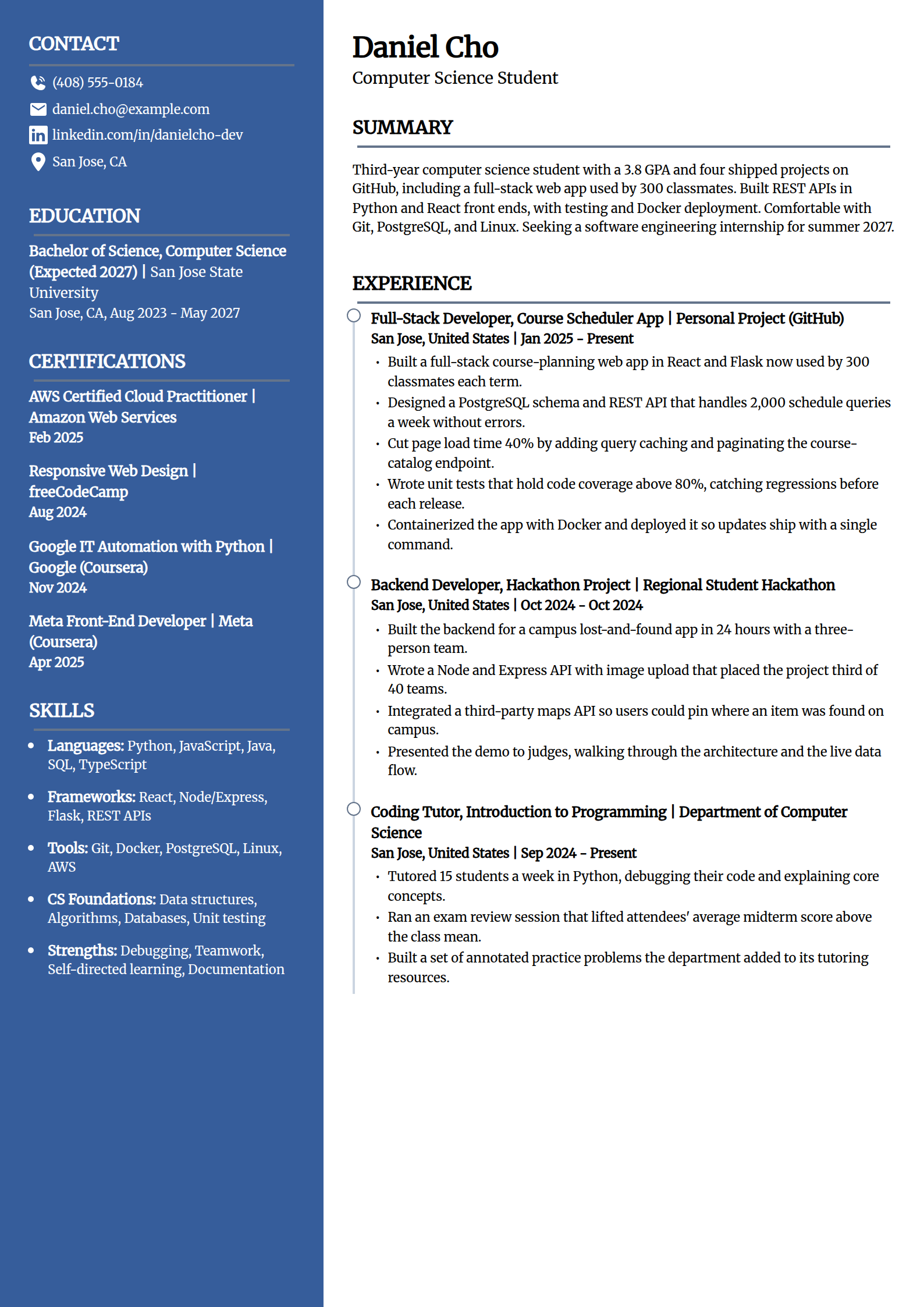 Computer science student projects-focused resume example in the Creative template