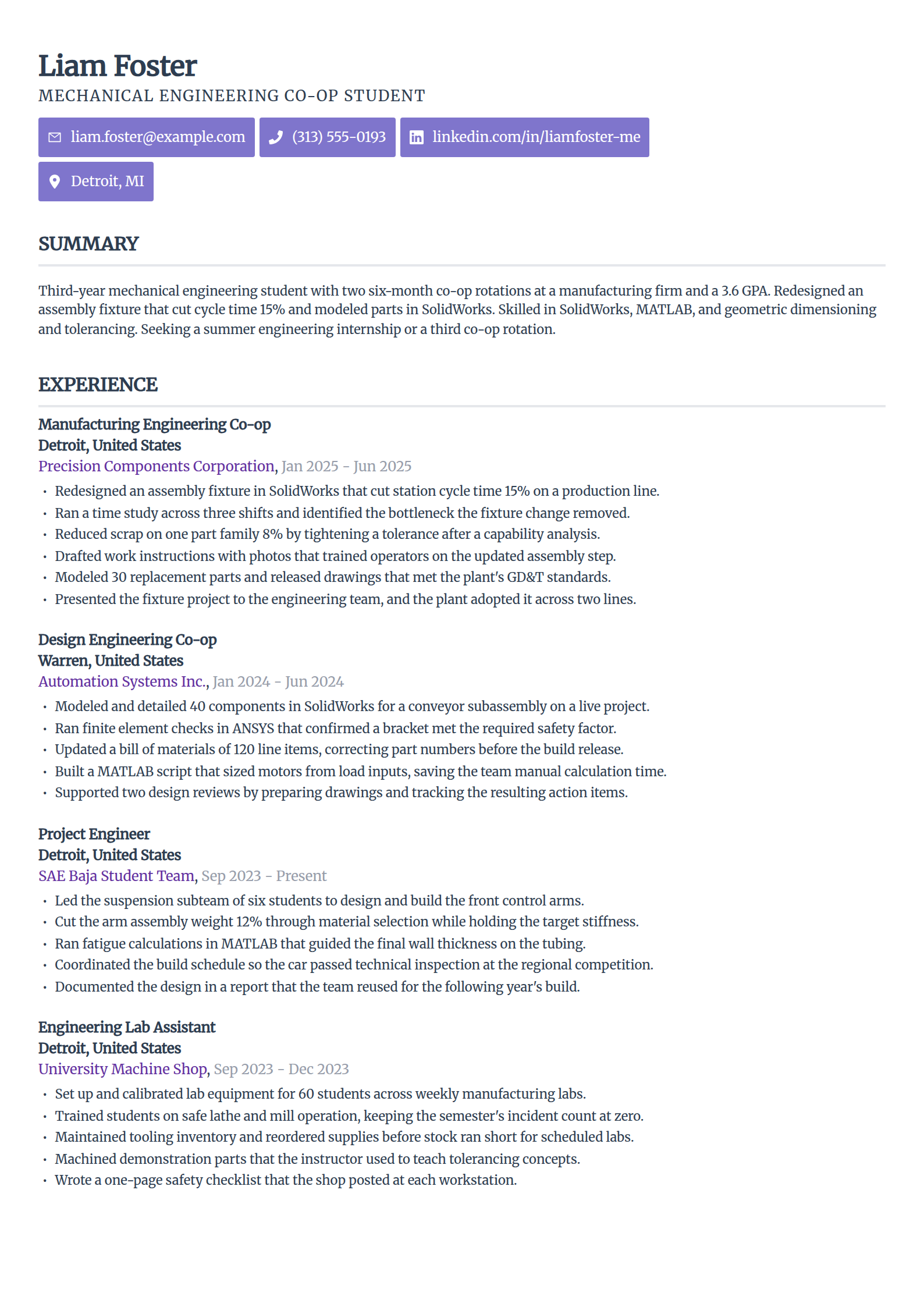 Engineering student co-op resume example in the Sleek Framework template