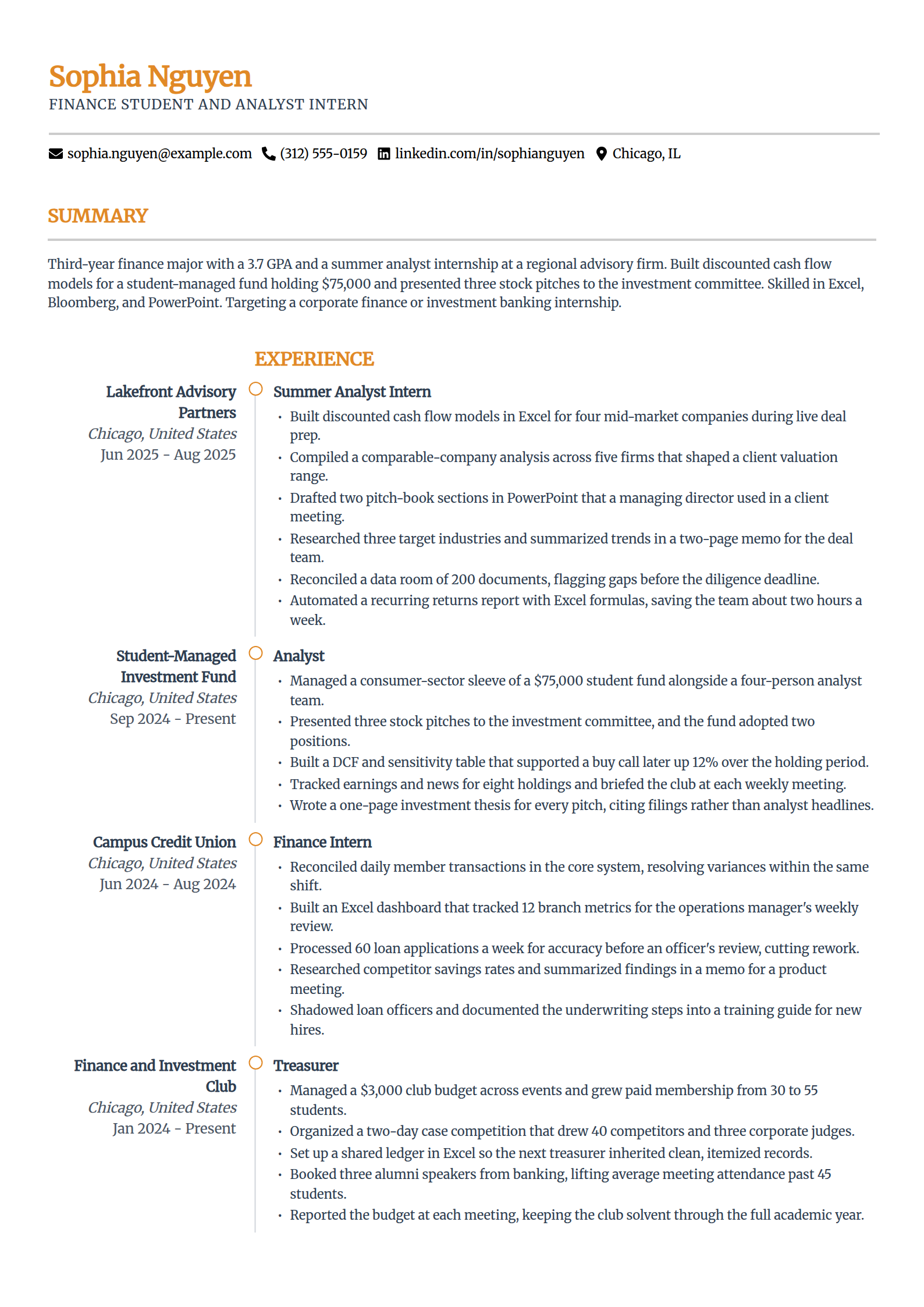Business and finance internship college resume example in the Zenith template