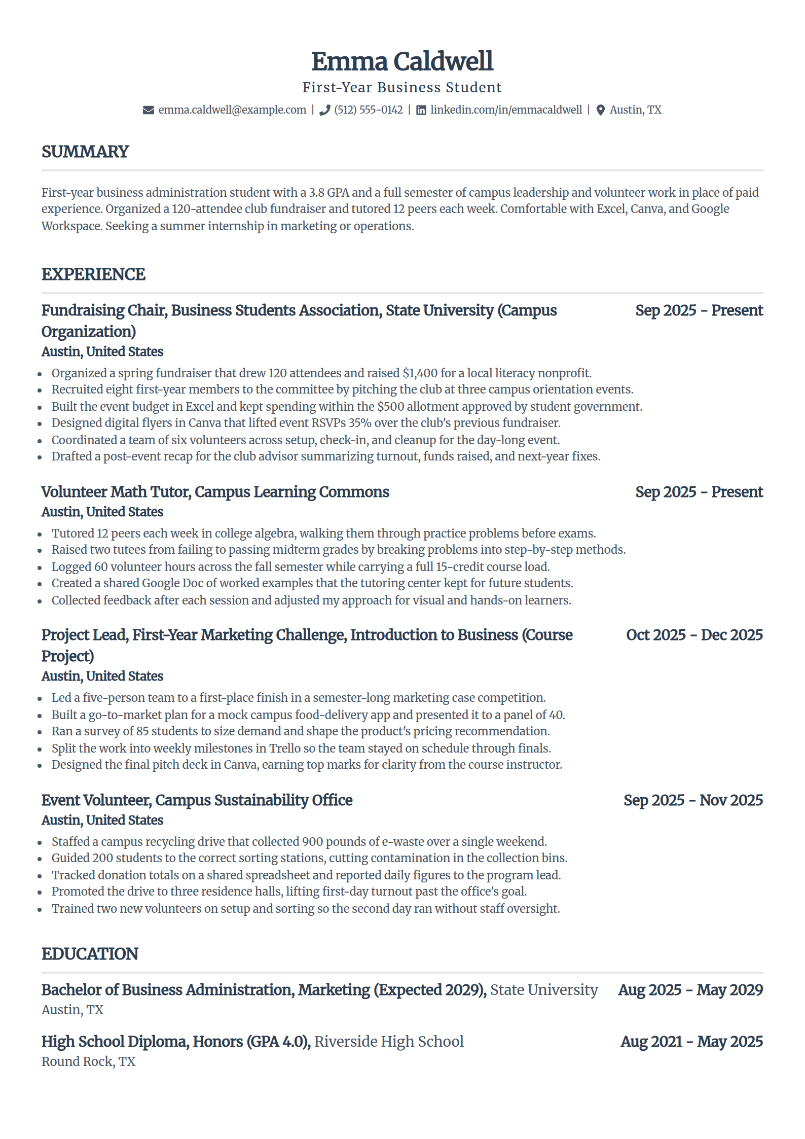 First-year college student resume example with no work experience in the Standard template