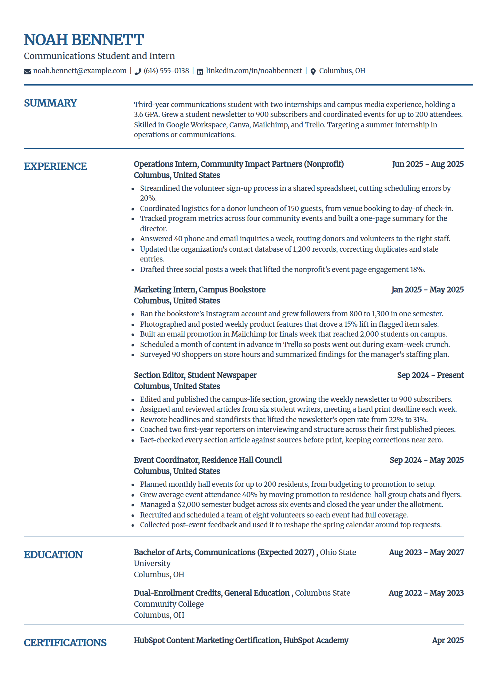 General internship applicant college resume example in the Craft template