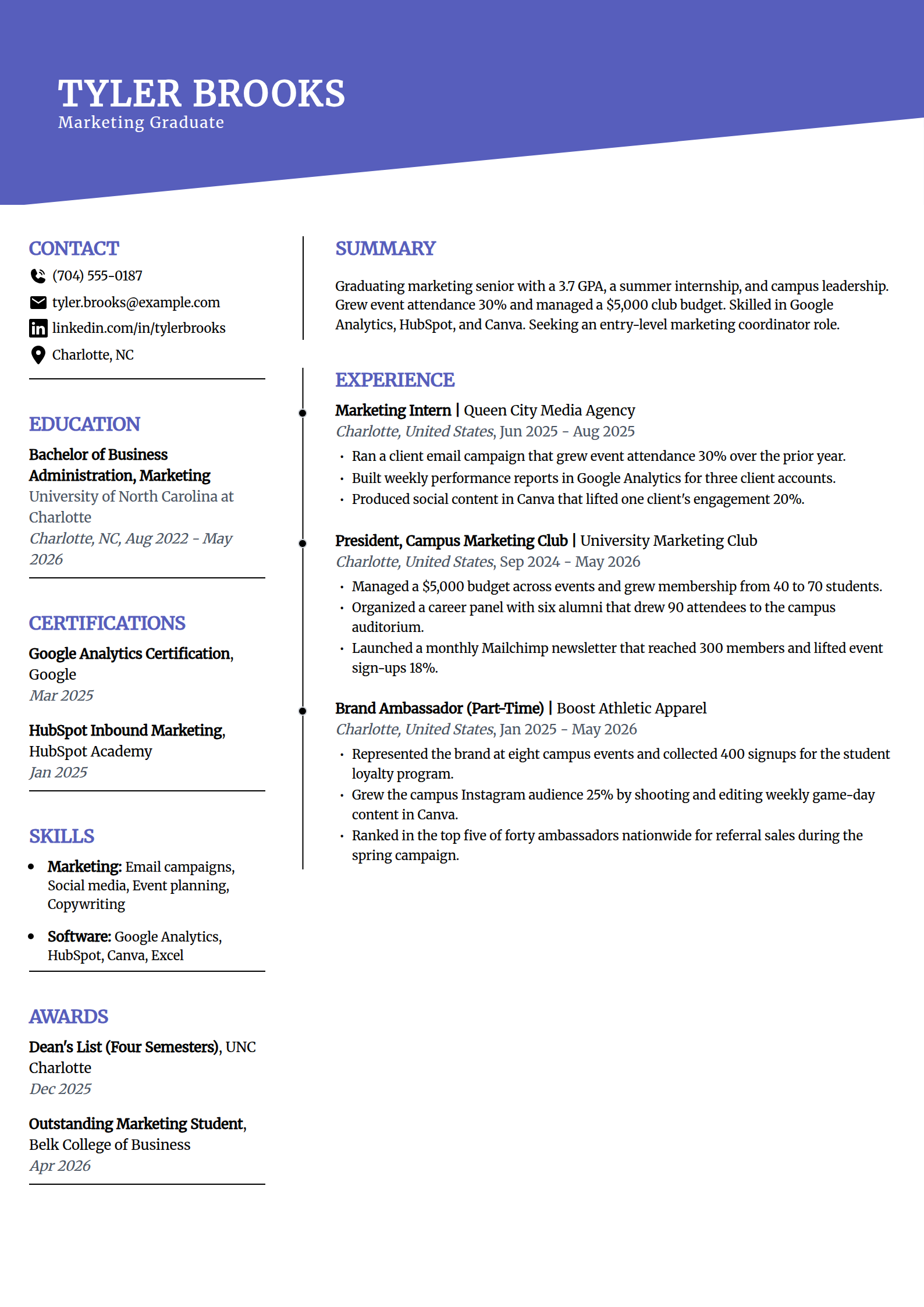 Graduating senior first full-time job resume example in the Orbit template