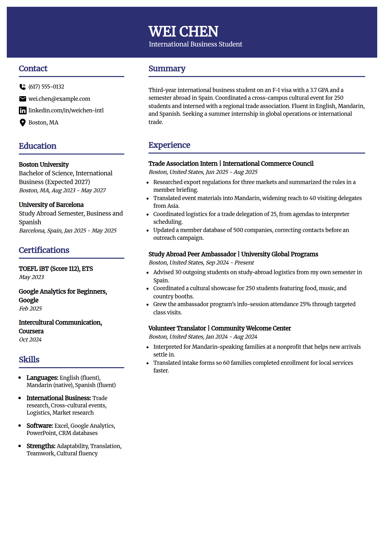 Study abroad and international student resume example in the Visionary template