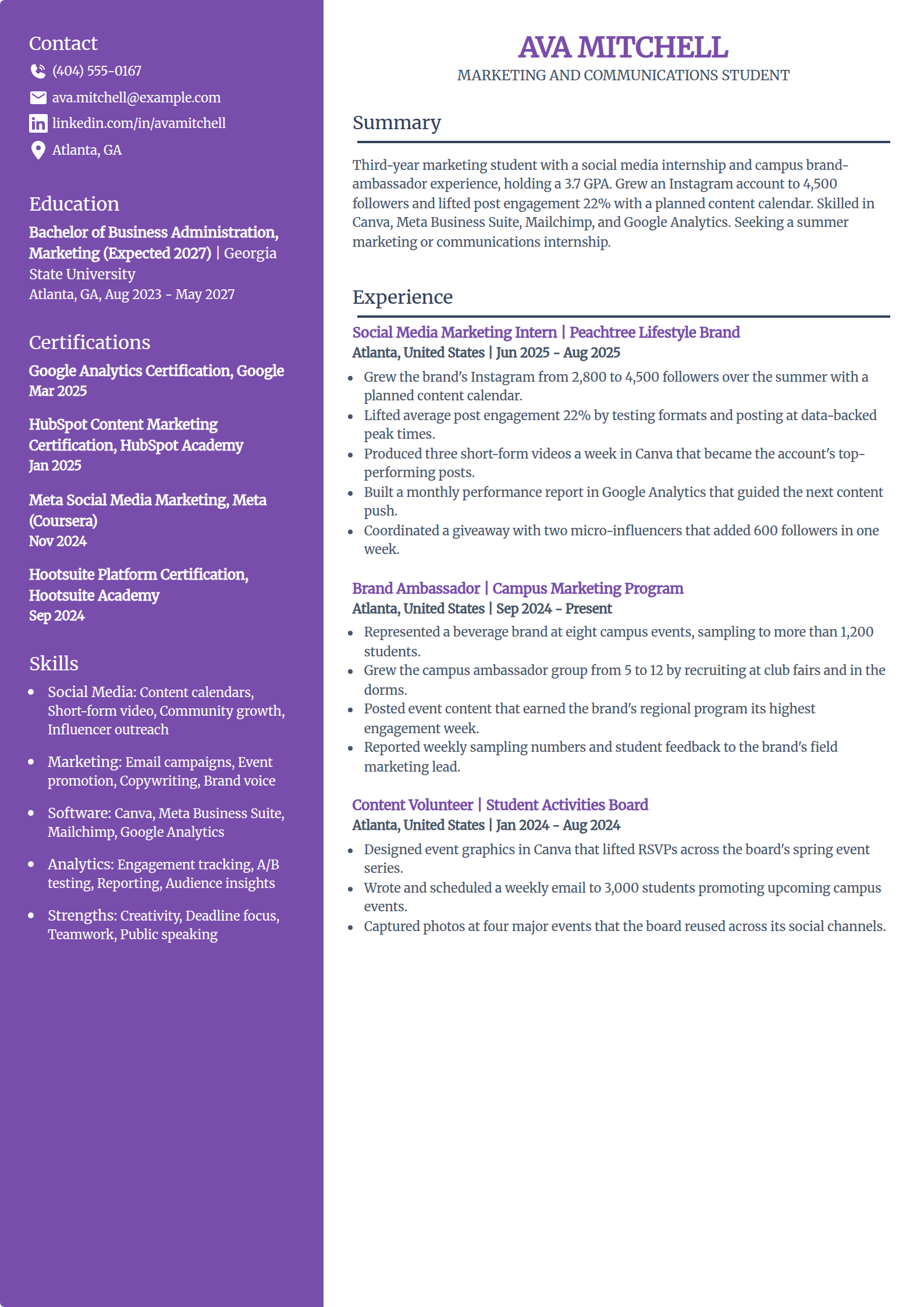 Marketing and communications internship resume example in the Pioneer template