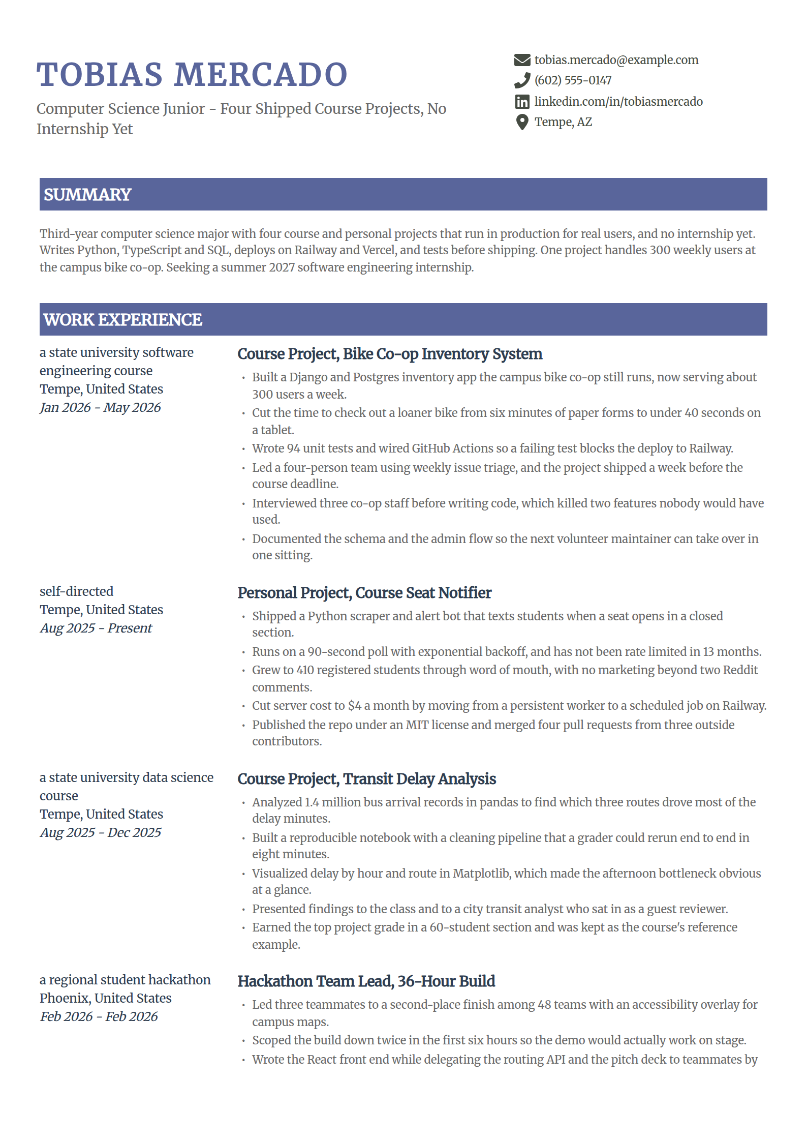 Academic projects as the only experience resume example in the Catalyst template