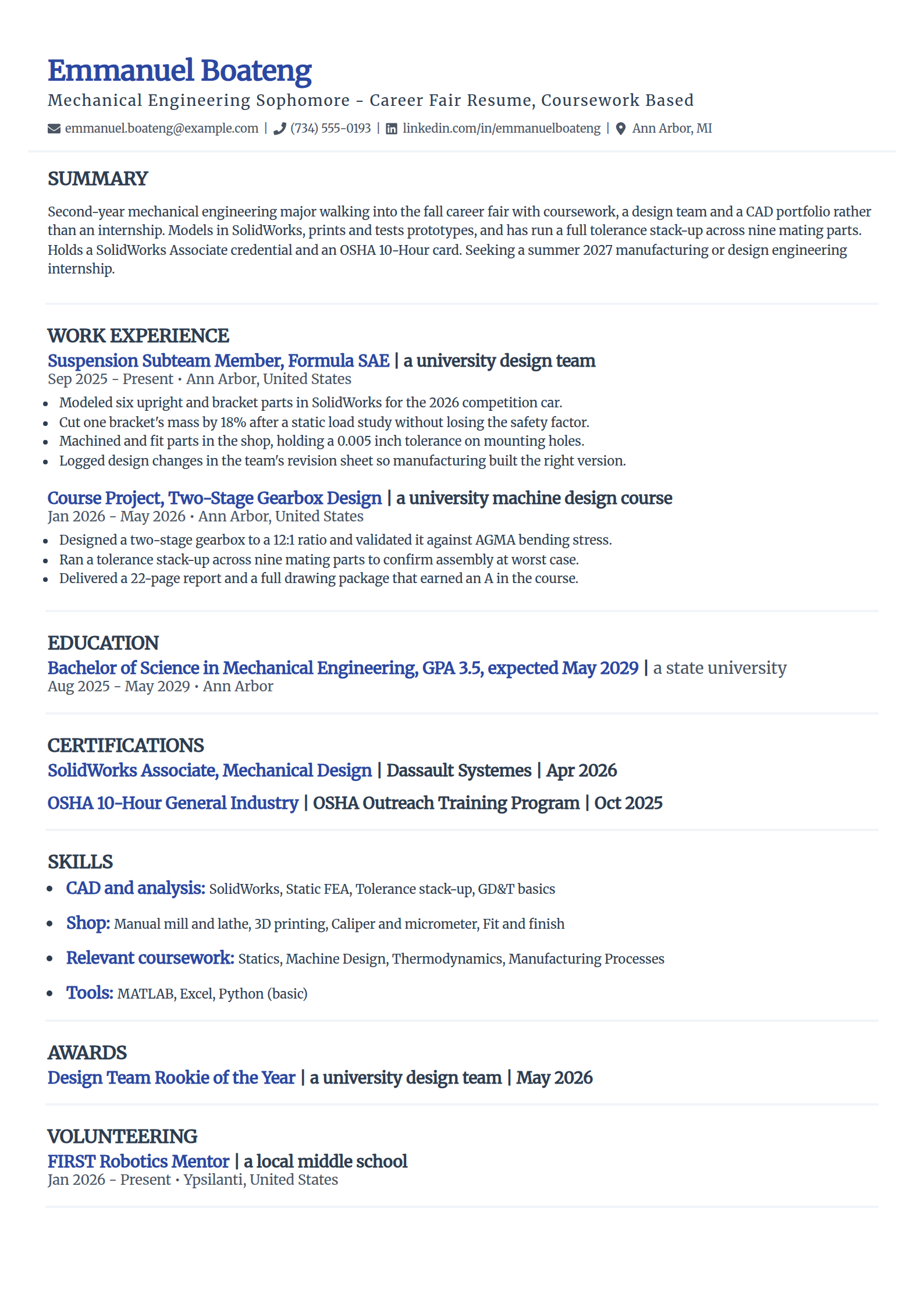 Career fair resume built on coursework example in the Elegant template