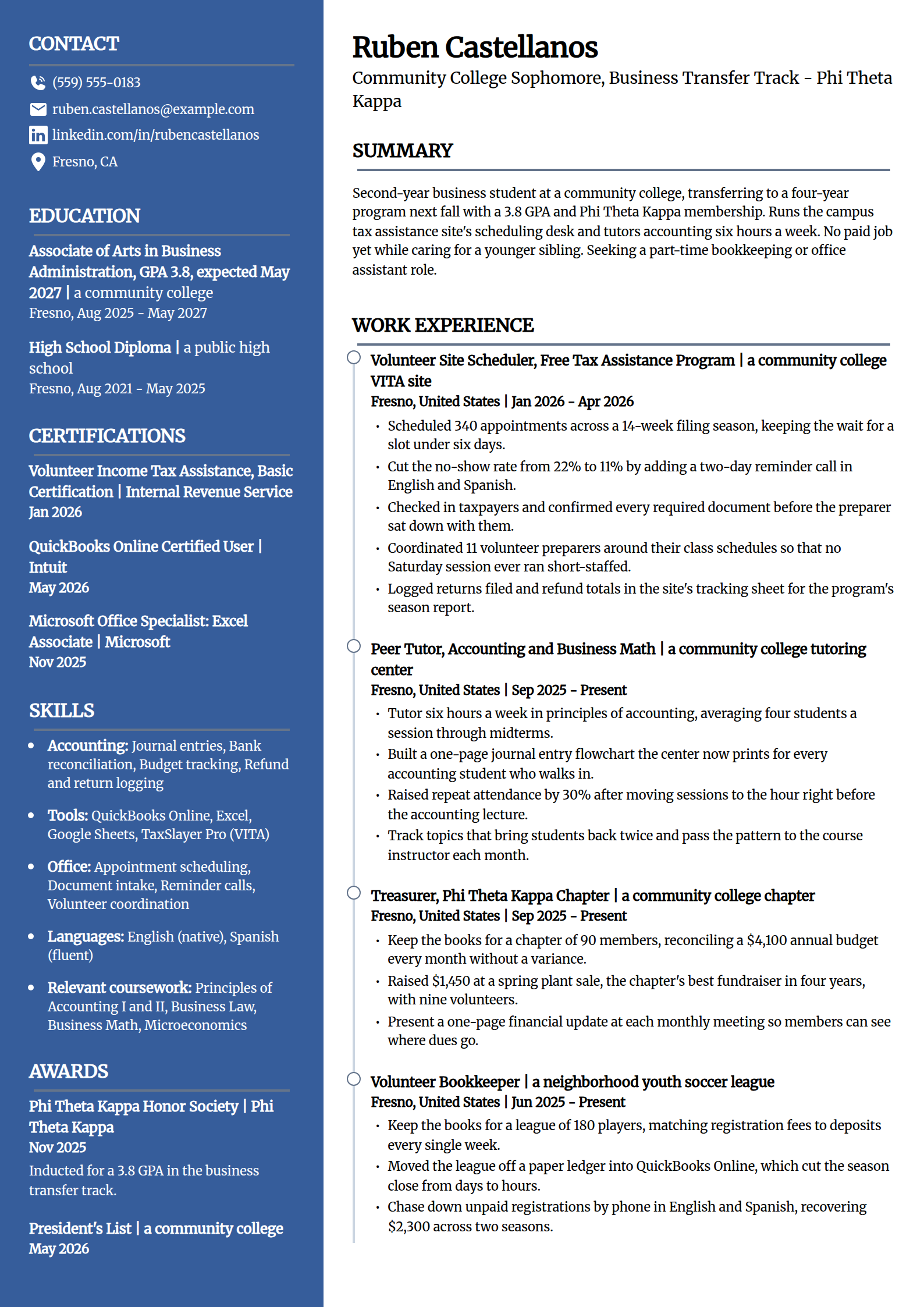 Community college student with no experience resume example in the Creative template